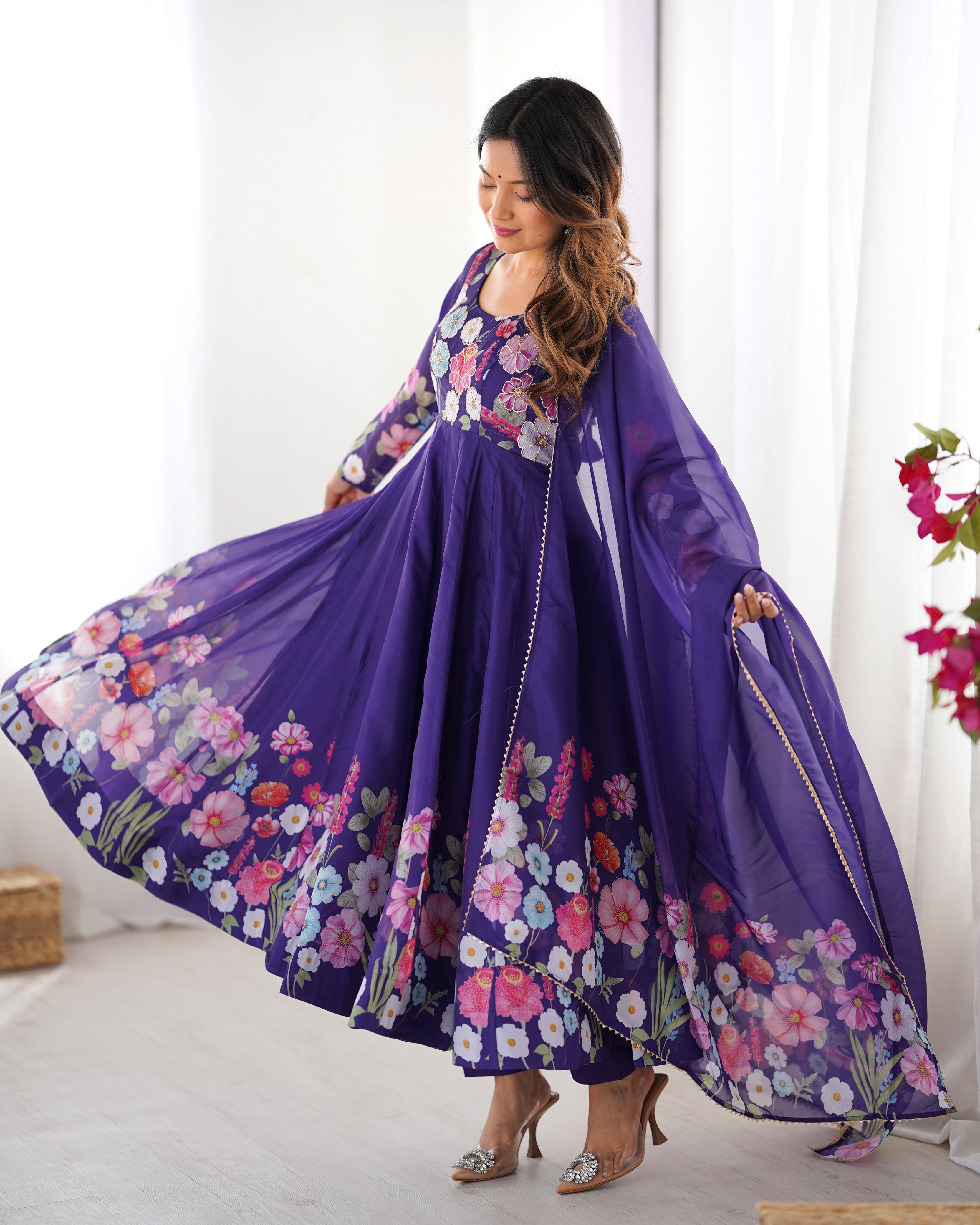 Purple Soft Organza Anarkali Lehenga Suit Set with Huge Flair for Festive Wear