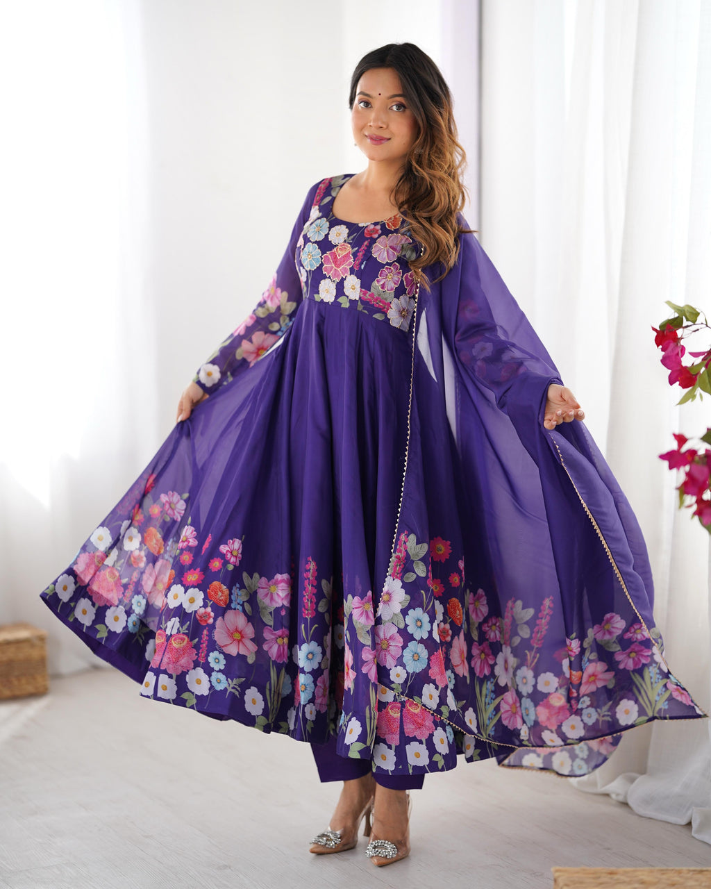 Purple Soft Organza Anarkali Lehenga Suit Set with Huge Flair for Festive Wear