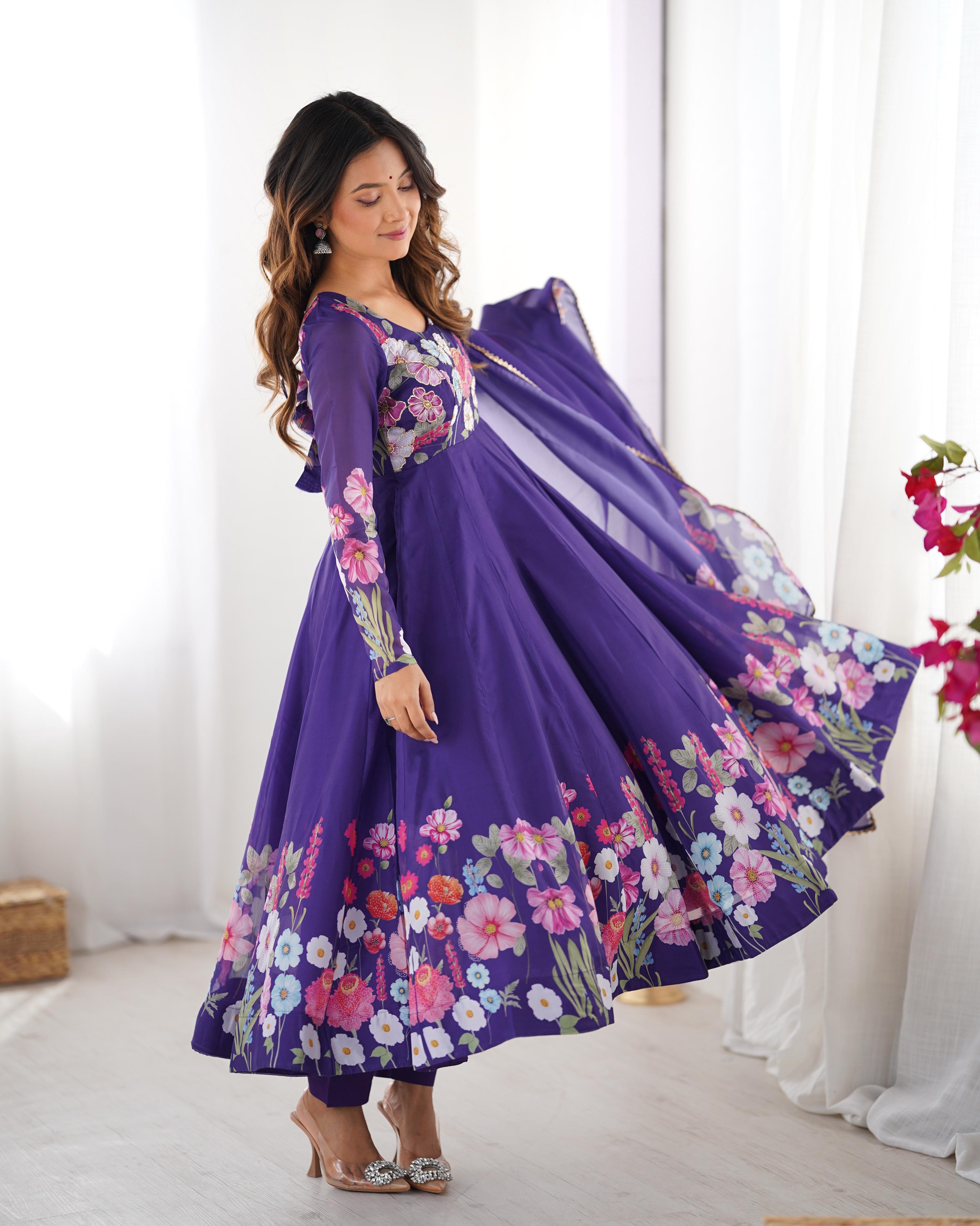 Purple Soft Organza Anarkali Lehenga Suit Set with Huge Flair for Festive Wear