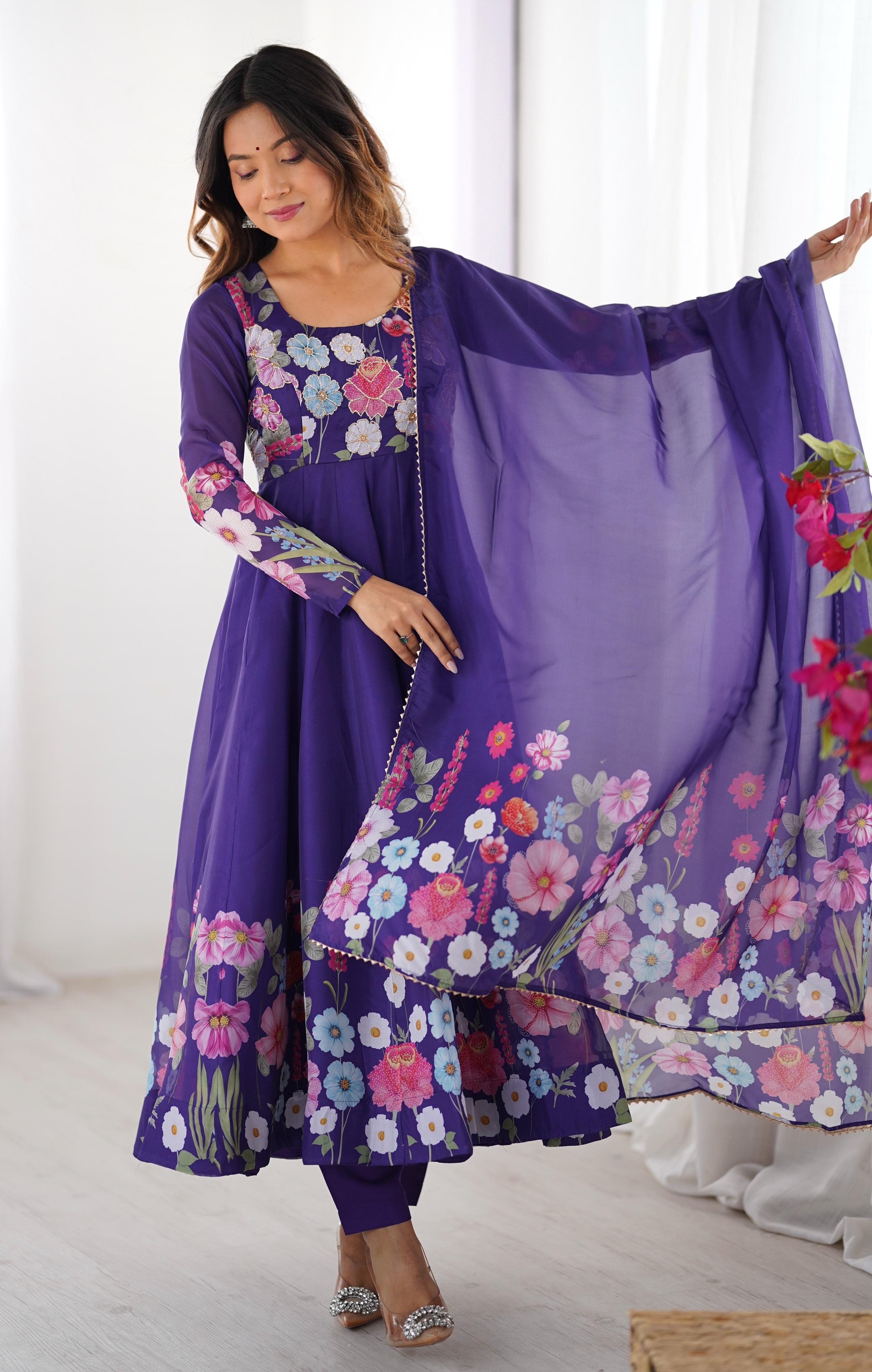 Purple Soft Organza Anarkali Lehenga Suit Set with Huge Flair for Festive Wear