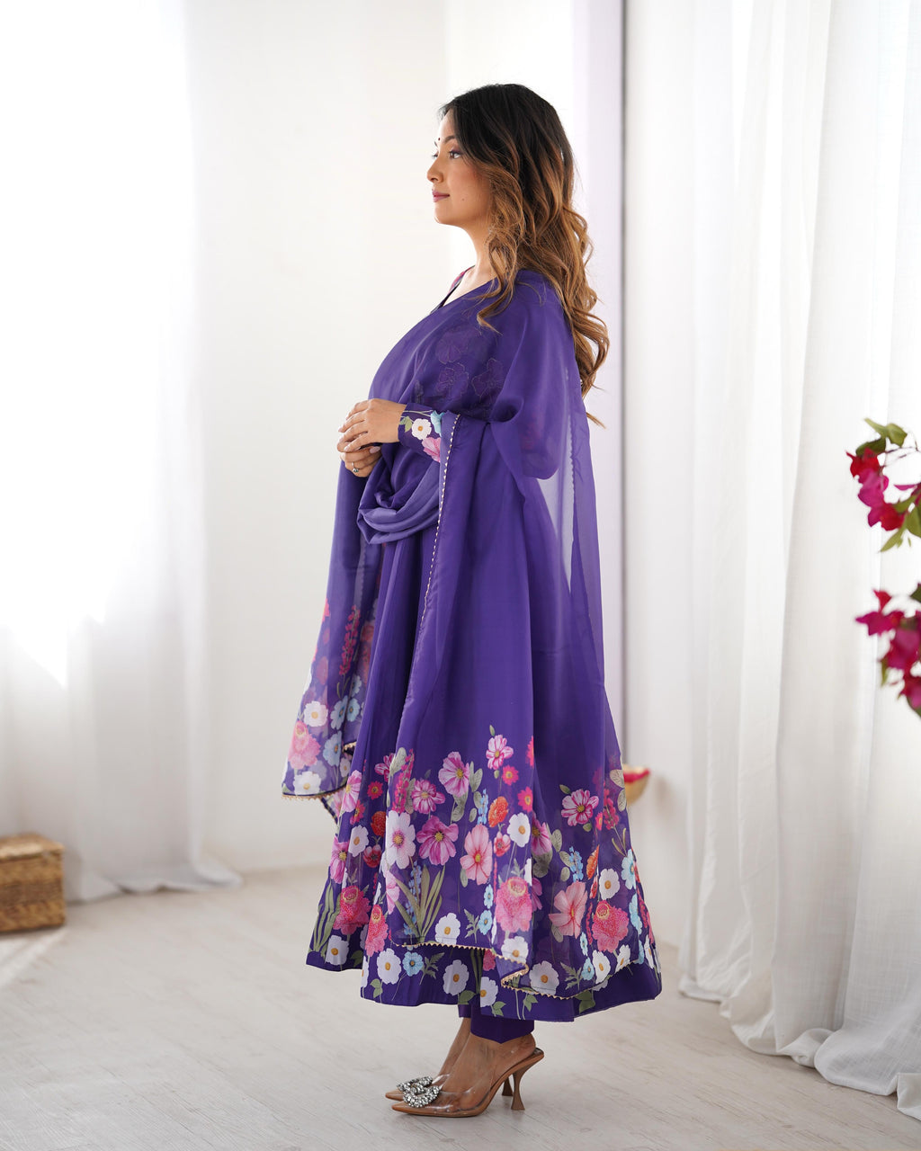 Purple Soft Organza Anarkali Lehenga Suit Set with Huge Flair for Festive Wear