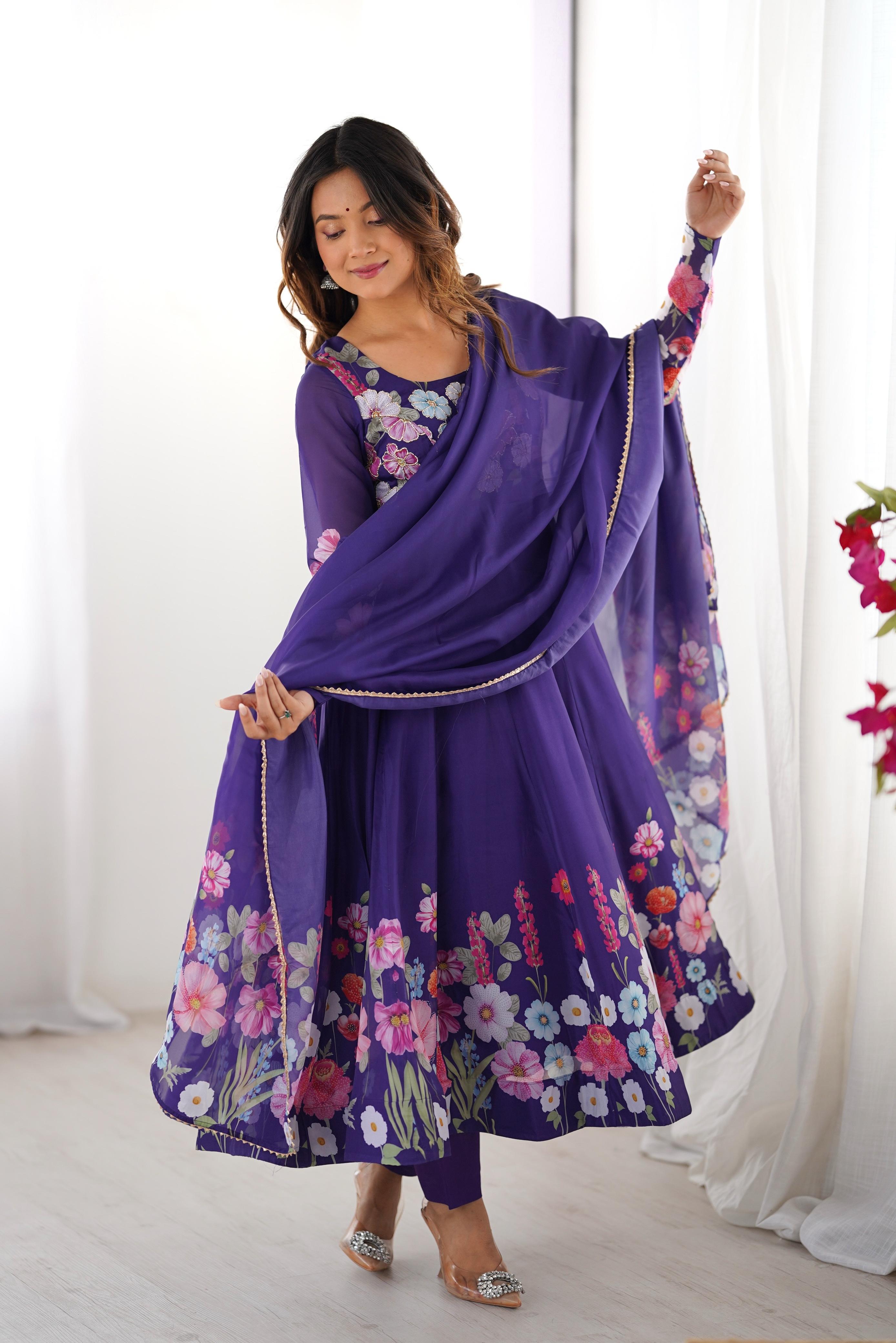 Purple Soft Organza Anarkali Lehenga Suit Set with Huge Flair for Festive Wear