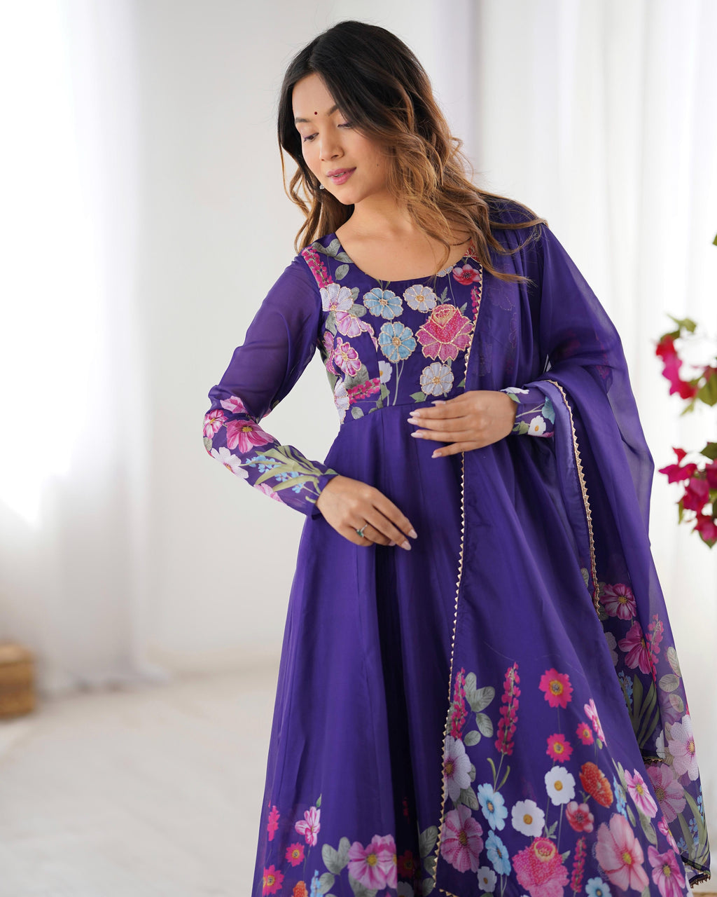 Purple Soft Organza Anarkali Lehenga Suit Set with Huge Flair for Festive Wear
