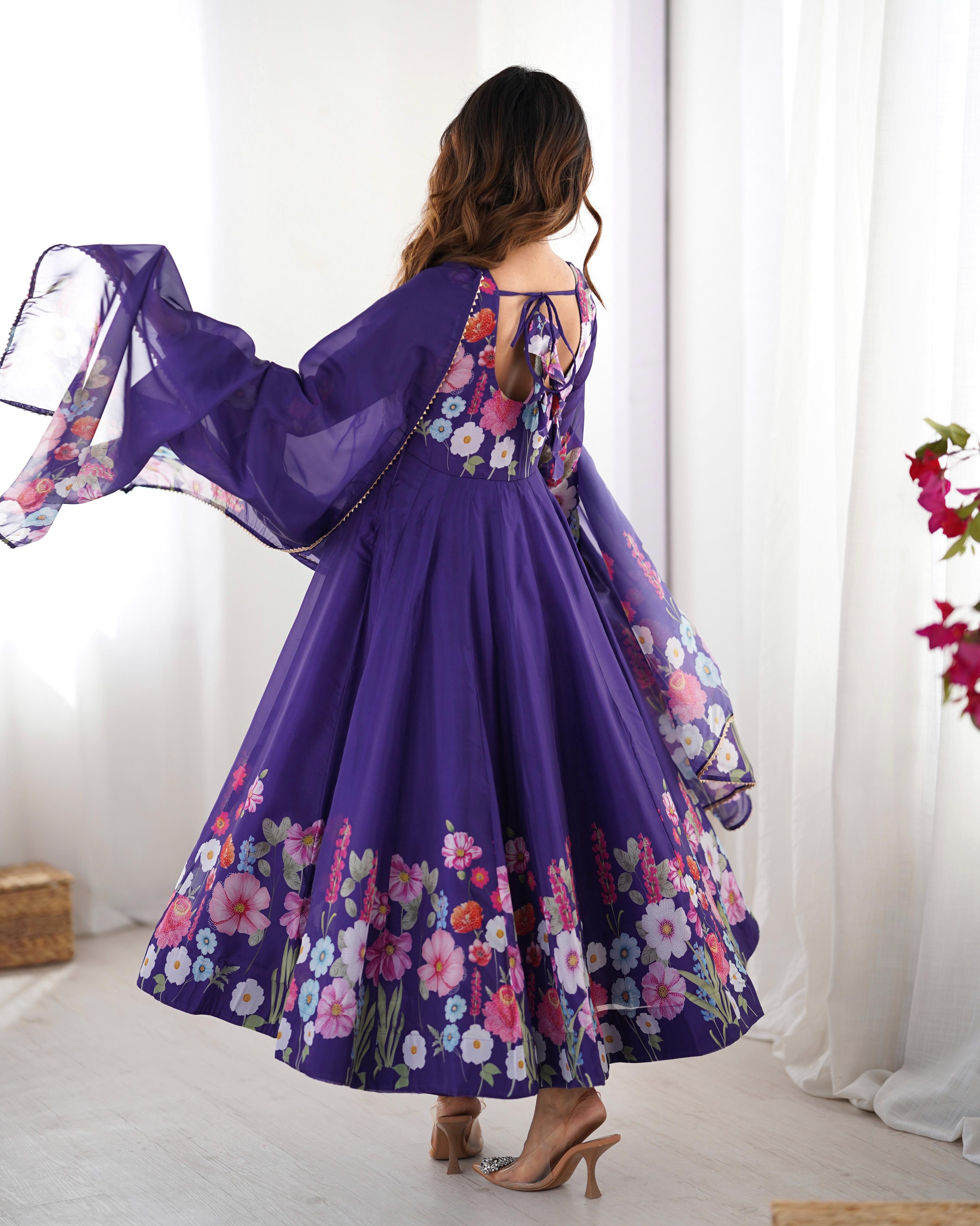 Purple Soft Organza Anarkali Lehenga Suit Set with Huge Flair for Festive Wear