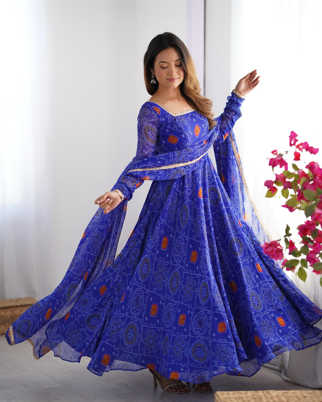 Royal Blue Lightweight Chiffon Anarkali Suit Set with Huge Flair - Festive Wear