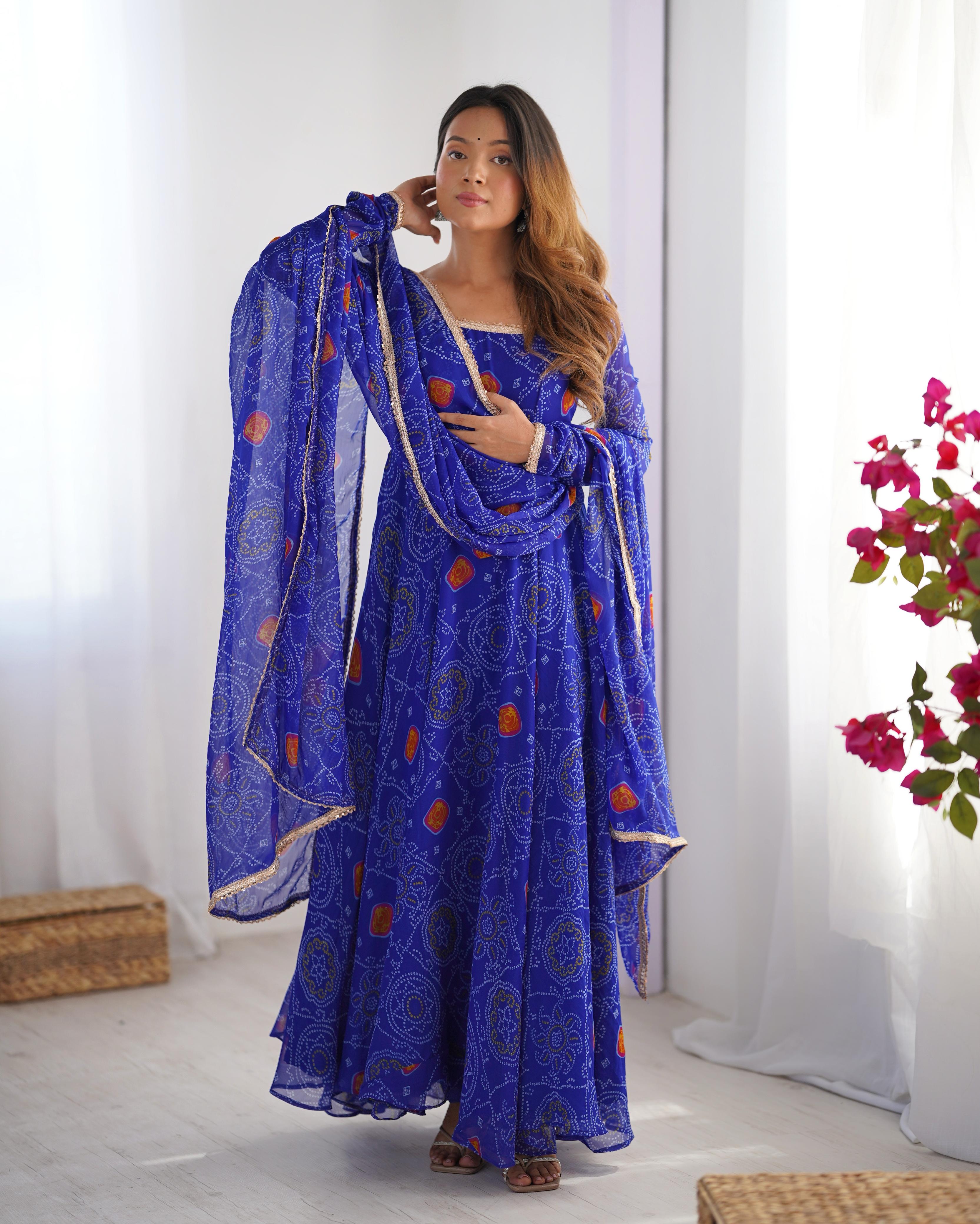 Royal Blue Lightweight Chiffon Anarkali Suit Set with Huge Flair - Festive Wear