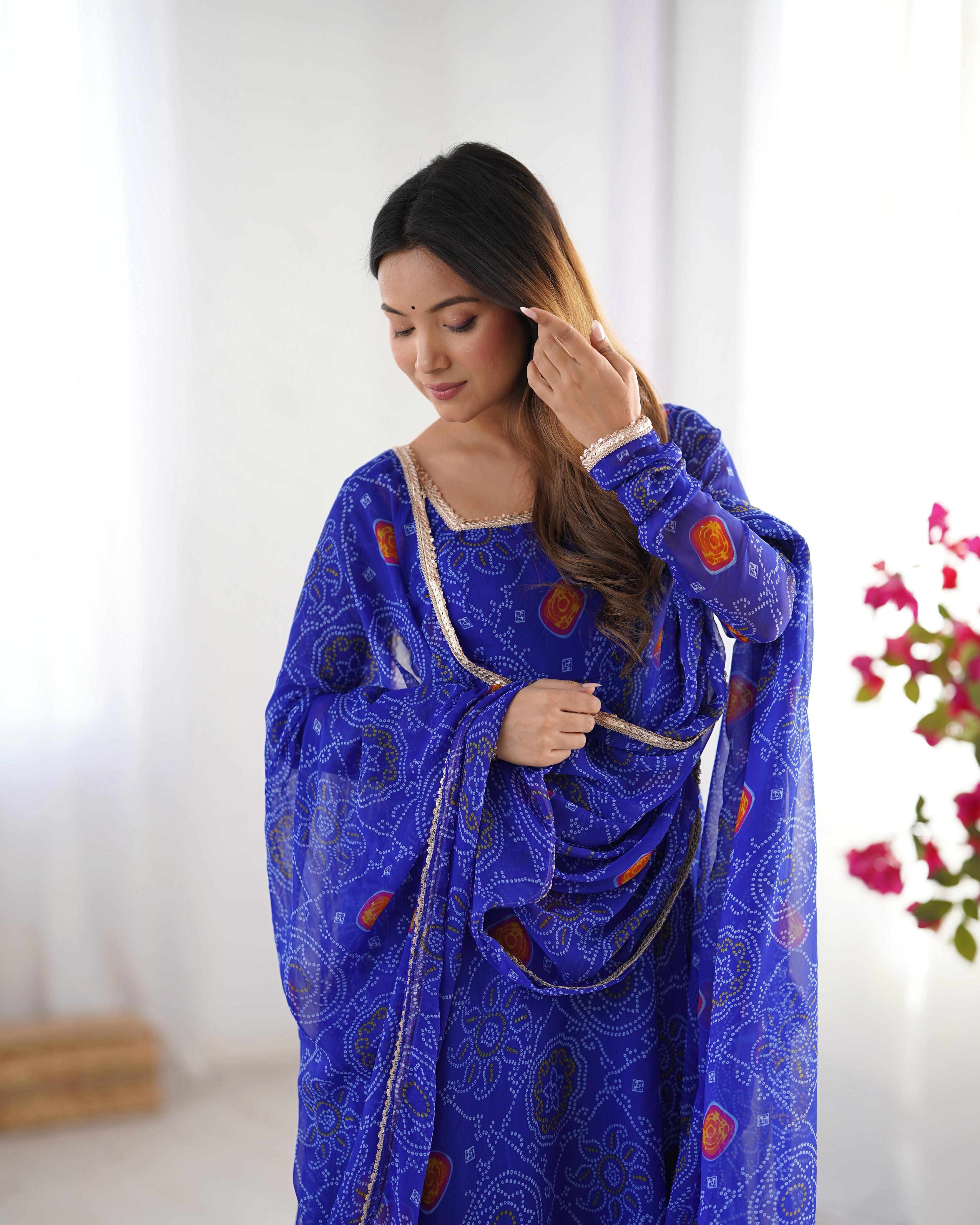 Royal Blue Lightweight Chiffon Anarkali Suit Set with Huge Flair - Festive Wear
