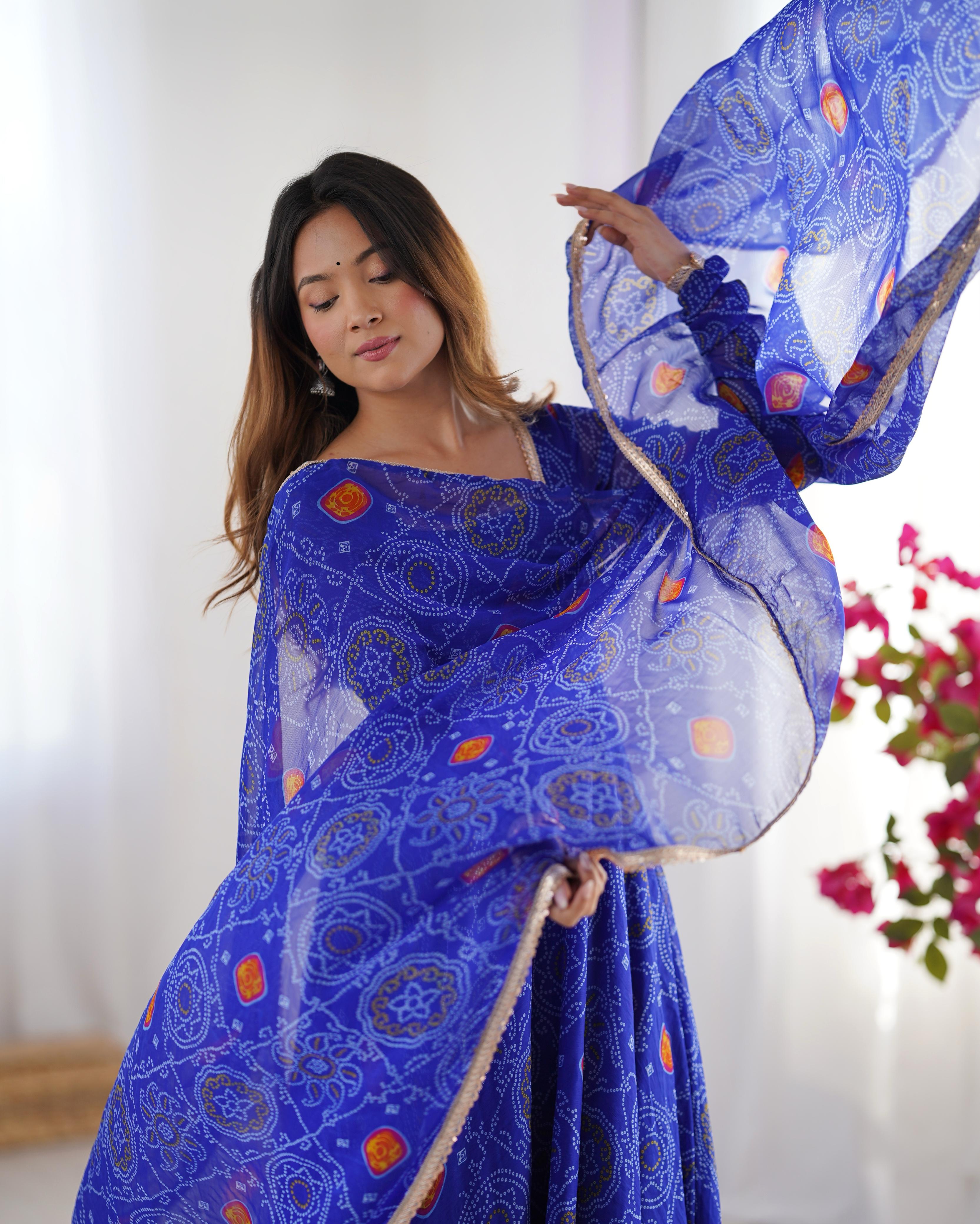 Royal Blue Lightweight Chiffon Anarkali Suit Set with Huge Flair - Festive Wear