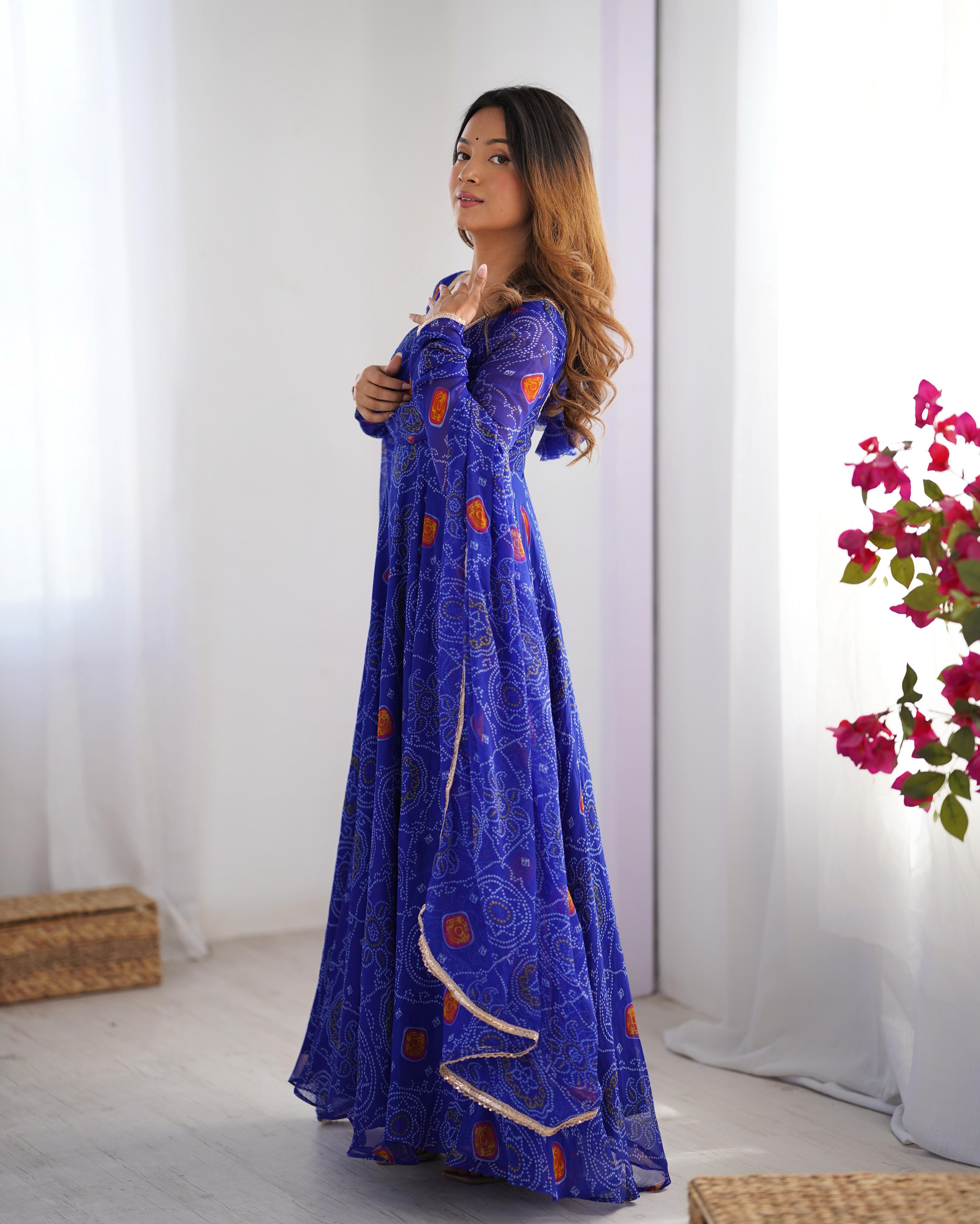 Royal Blue Lightweight Chiffon Anarkali Suit Set with Huge Flair - Festive Wear