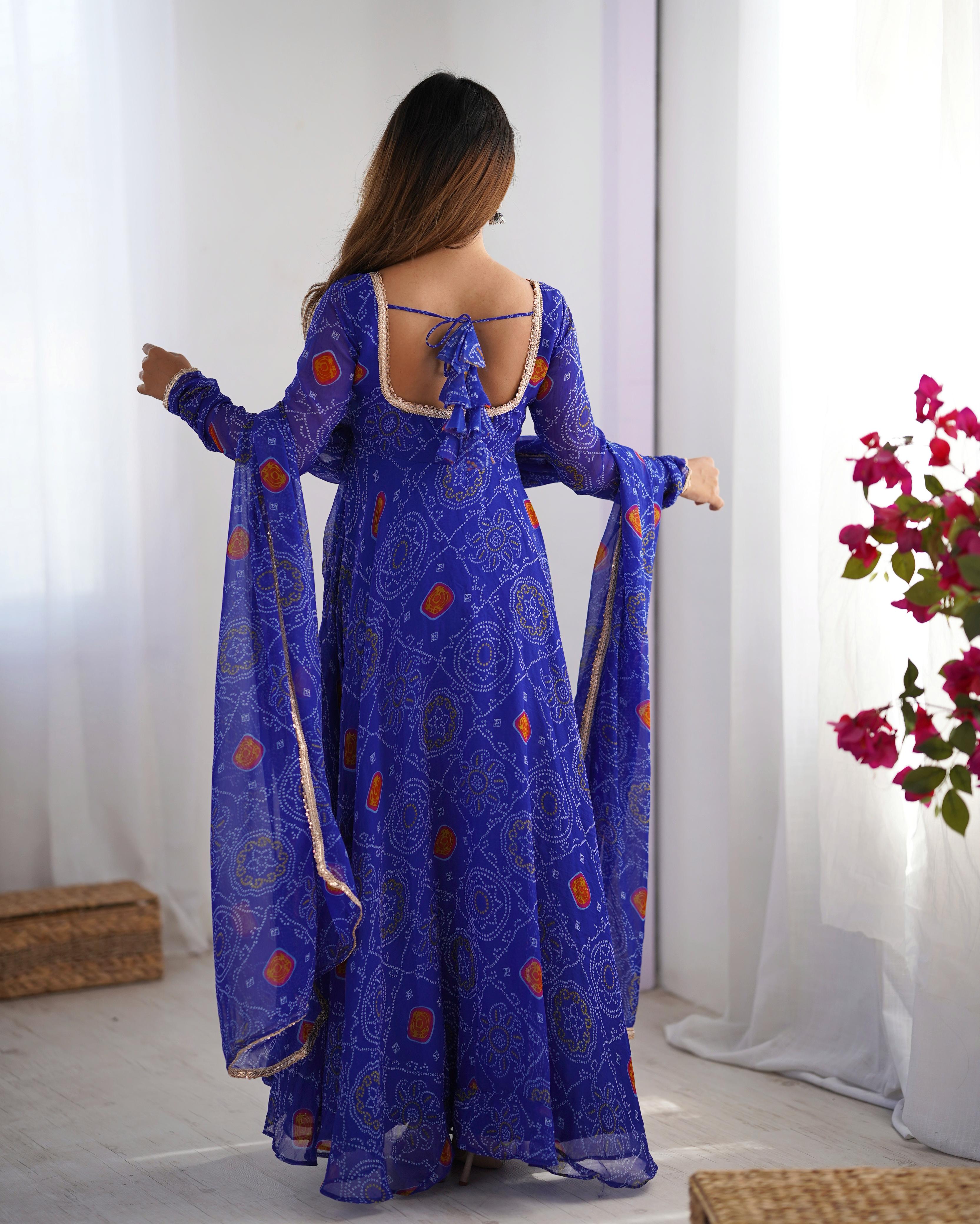 Royal Blue Lightweight Chiffon Anarkali Suit Set with Huge Flair - Festive Wear