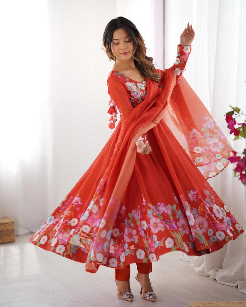 Rust Soft Organza Anarkali Lehenga Suit Set with Huge Flair for Festive Wear