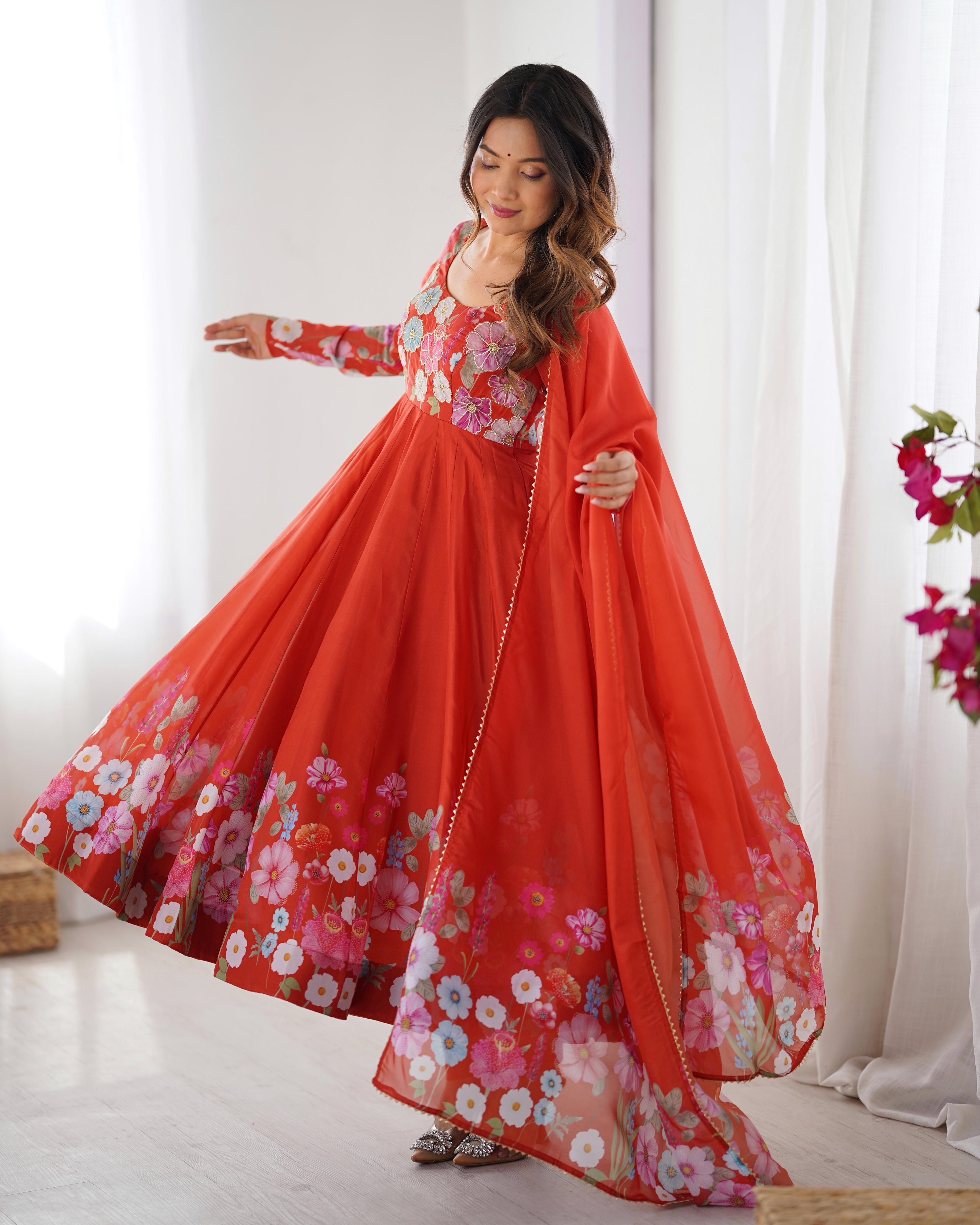 Rust Soft Organza Anarkali Lehenga Suit Set with Huge Flair for Festive Wear