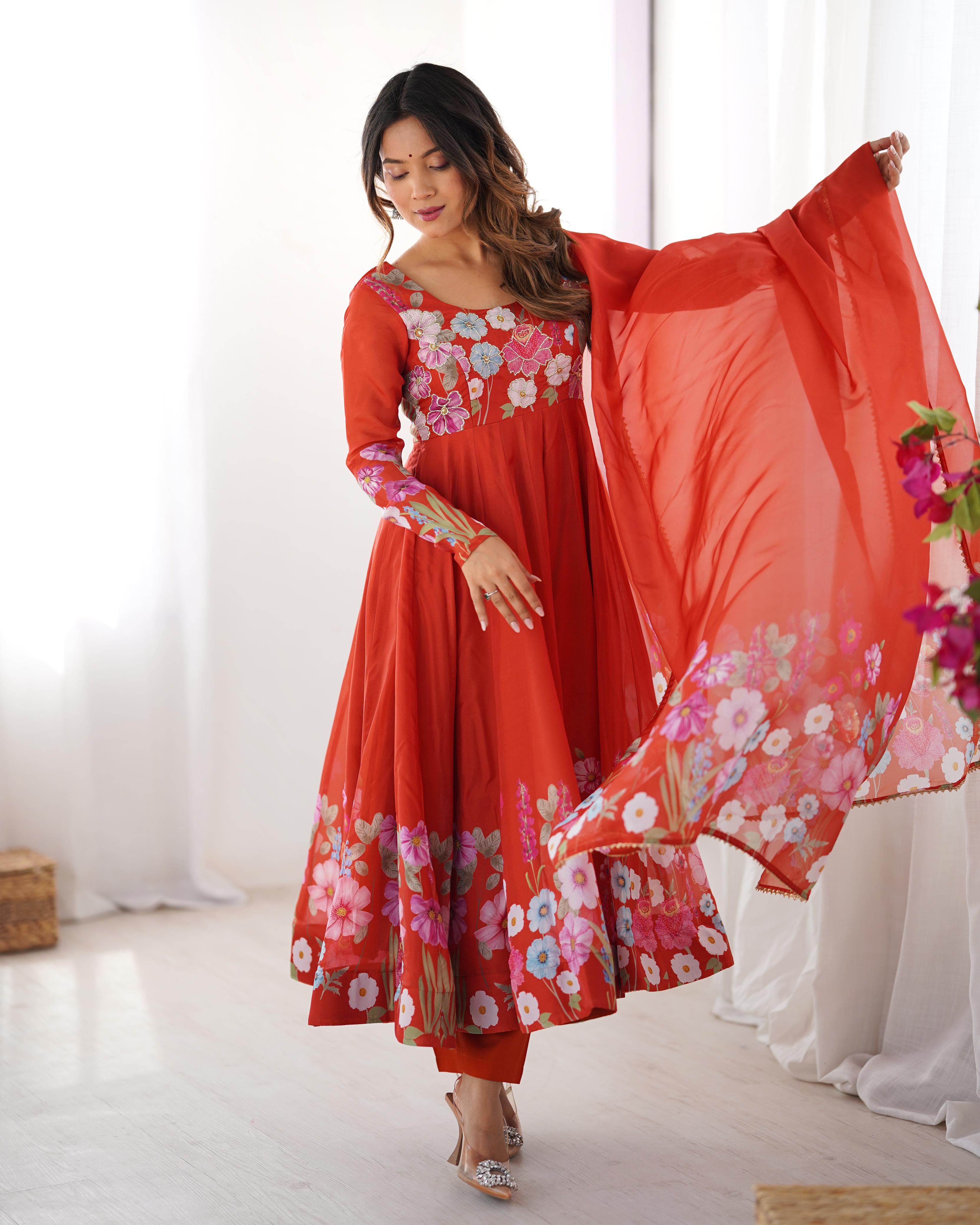 Rust Soft Organza Anarkali Lehenga Suit Set with Huge Flair for Festive Wear