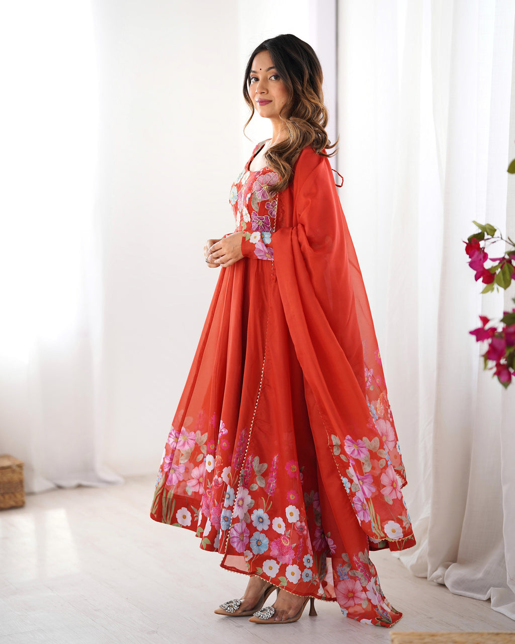 Rust Soft Organza Anarkali Lehenga Suit Set with Huge Flair for Festive Wear