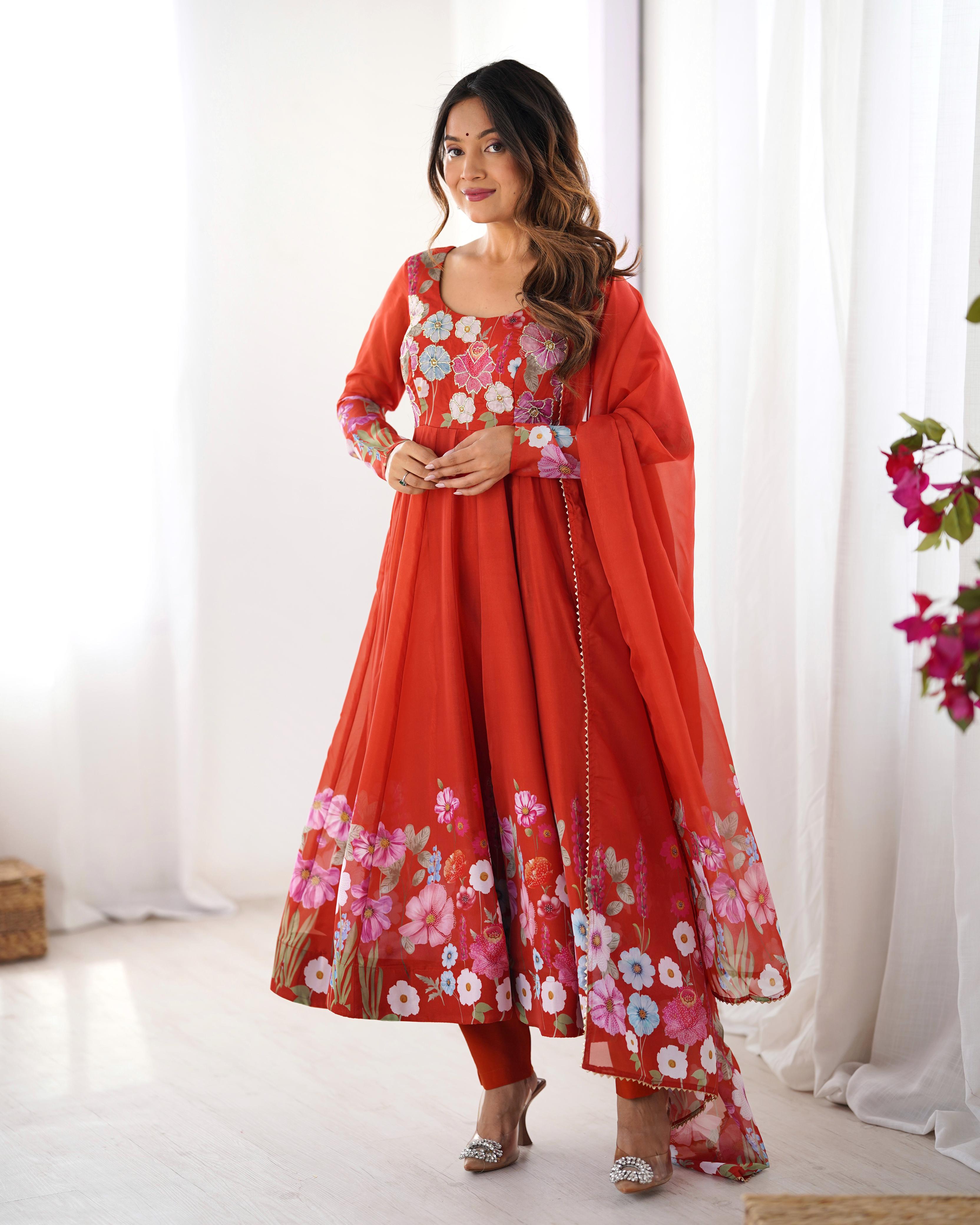 Rust Soft Organza Anarkali Lehenga Suit Set with Huge Flair for Festive Wear