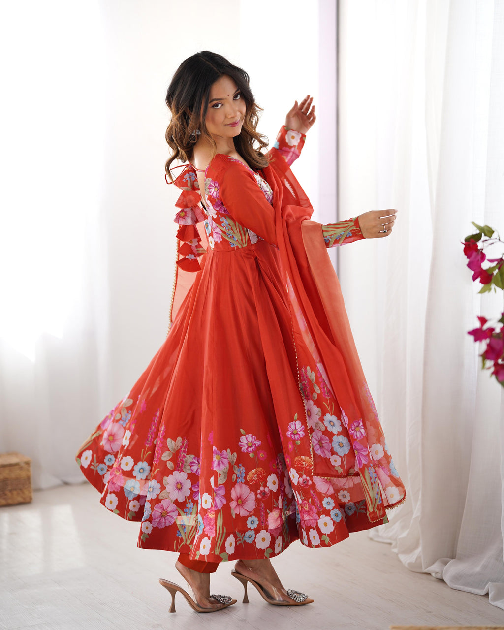 Rust Soft Organza Anarkali Lehenga Suit Set with Huge Flair for Festive Wear