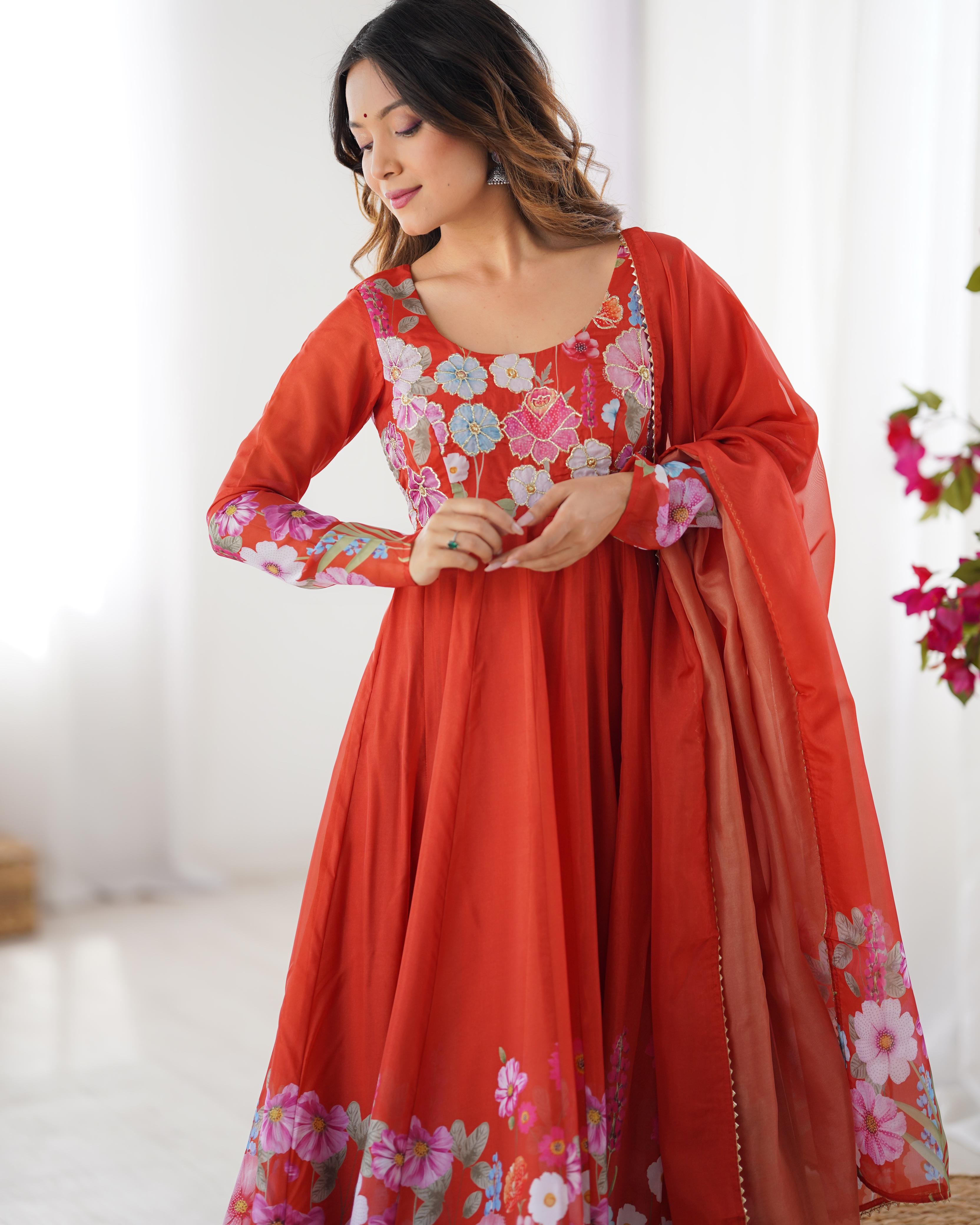 Rust Soft Organza Anarkali Lehenga Suit Set with Huge Flair for Festive Wear