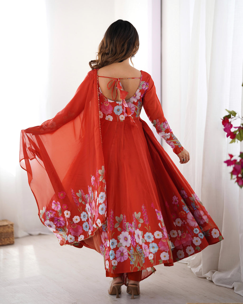 Rust Soft Organza Anarkali Lehenga Suit Set with Huge Flair for Festive Wear