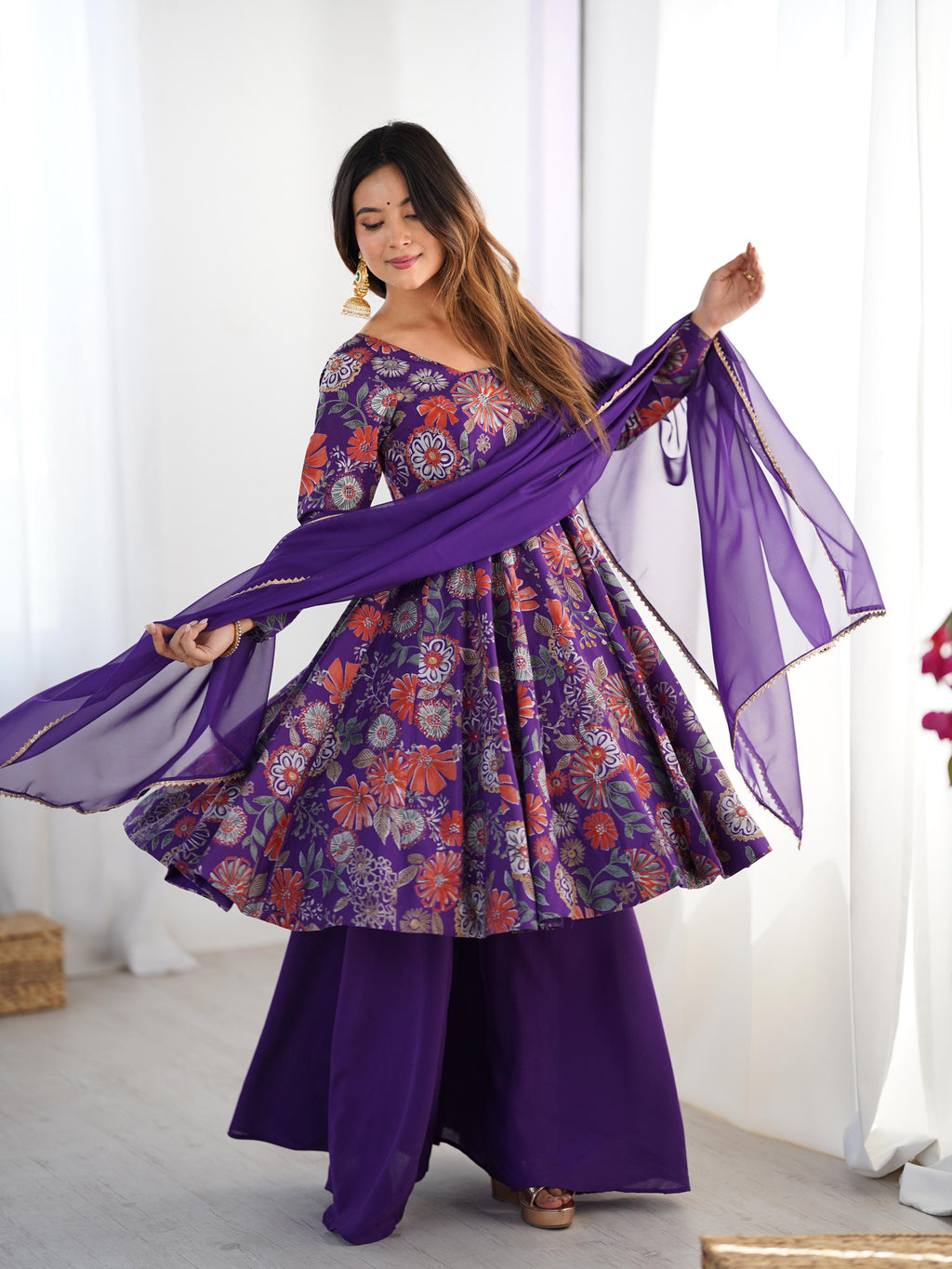 Purple Roman Silk Chanderi Kediya Set with Huge Flair for festive occasions
