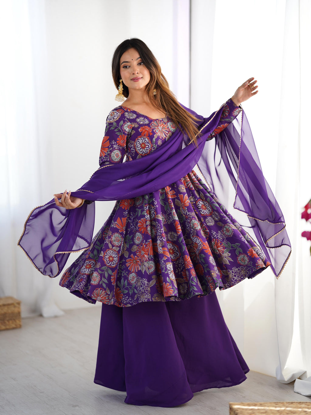 Purple Roman Silk Chanderi Kediya Set with Huge Flair for festive occasions