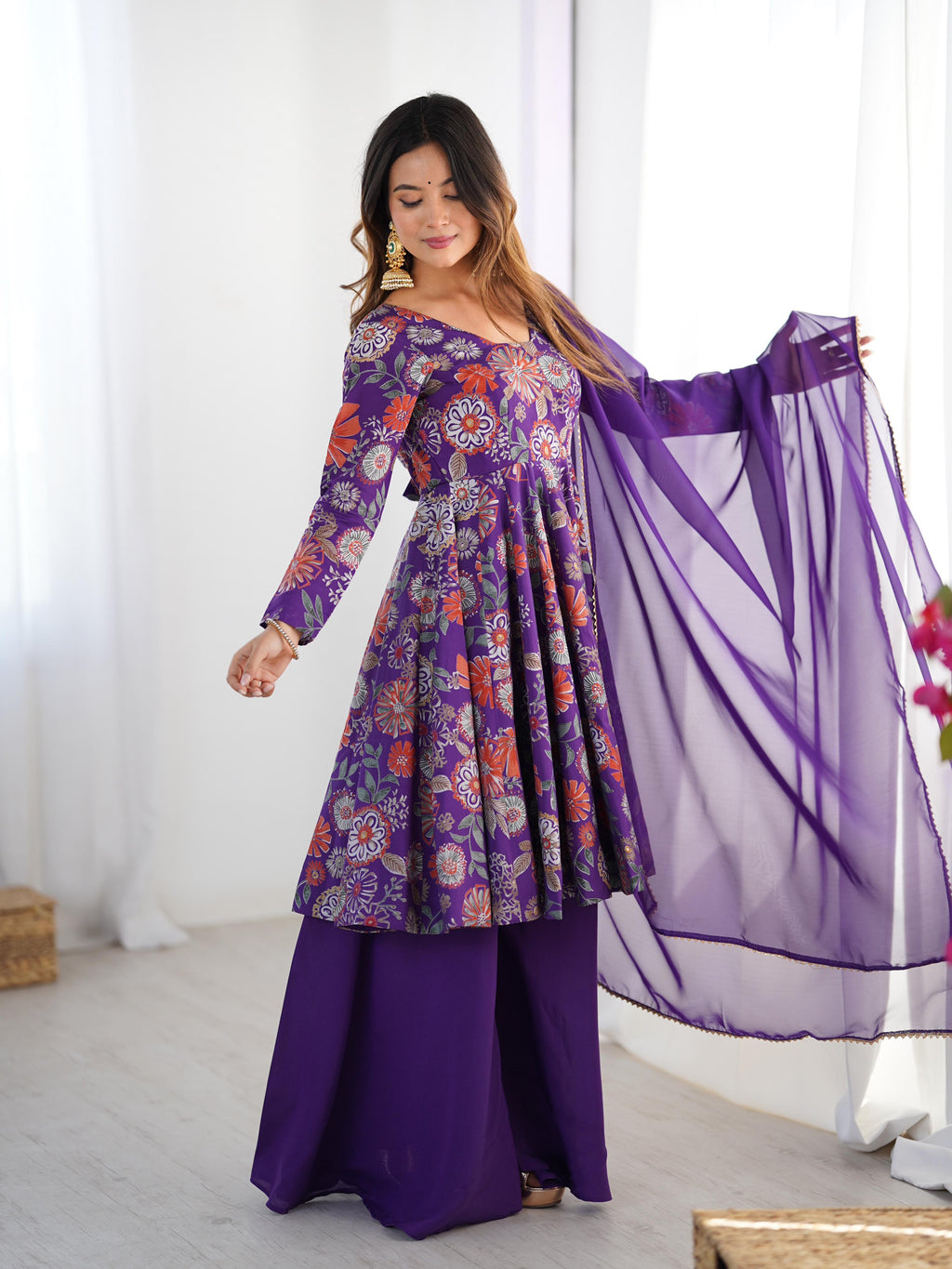 Purple Roman Silk Chanderi Kediya Set with Huge Flair for festive occasions