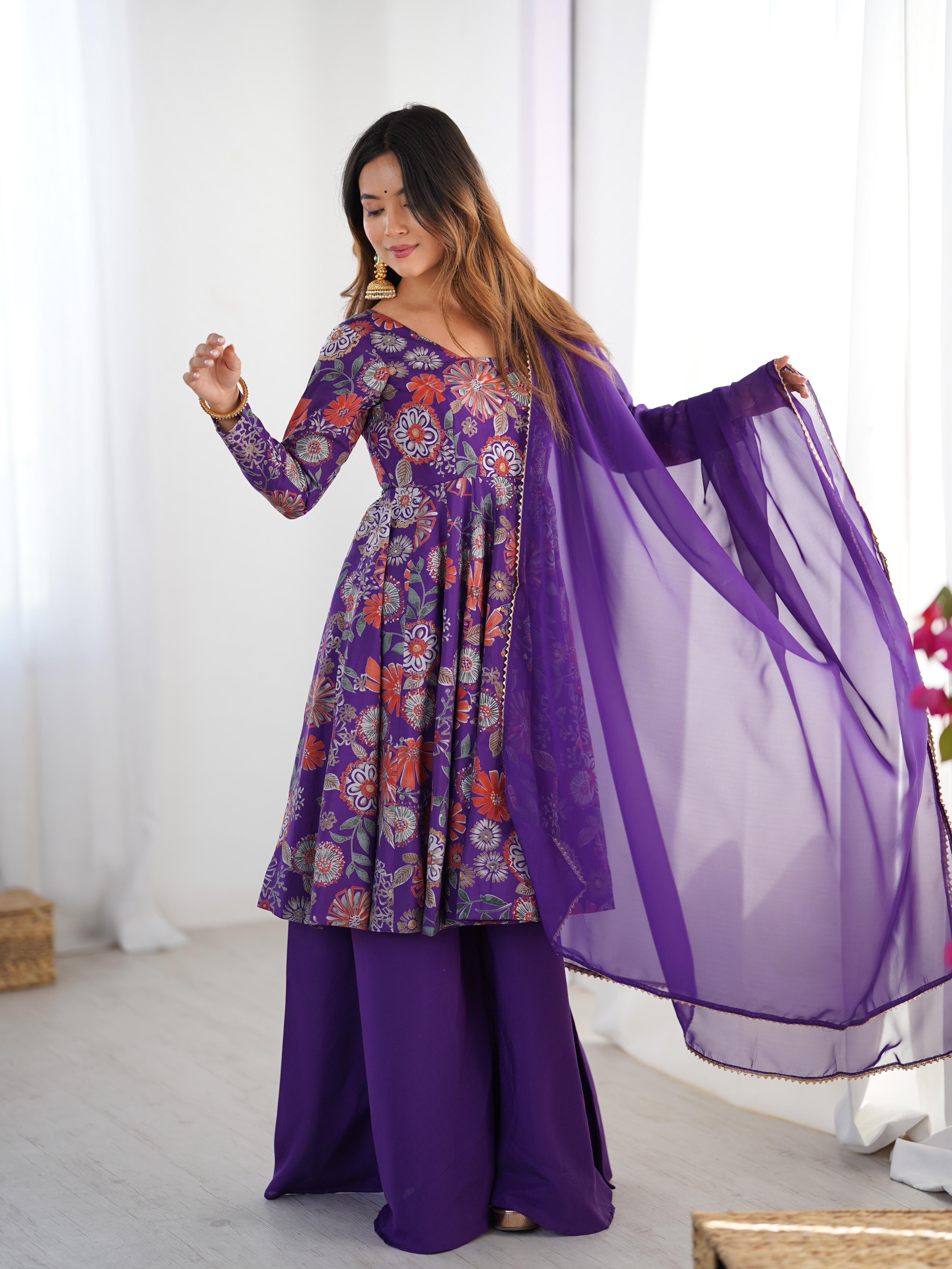 Purple Roman Silk Chanderi Kediya Set with Huge Flair for festive occasions