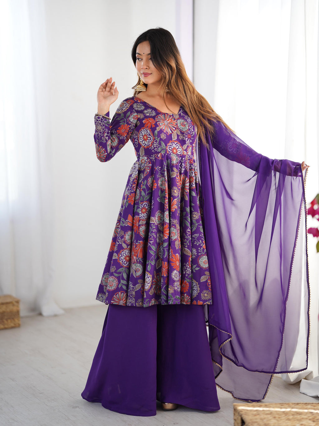 Purple Roman Silk Chanderi Kediya Set with Huge Flair for festive occasions