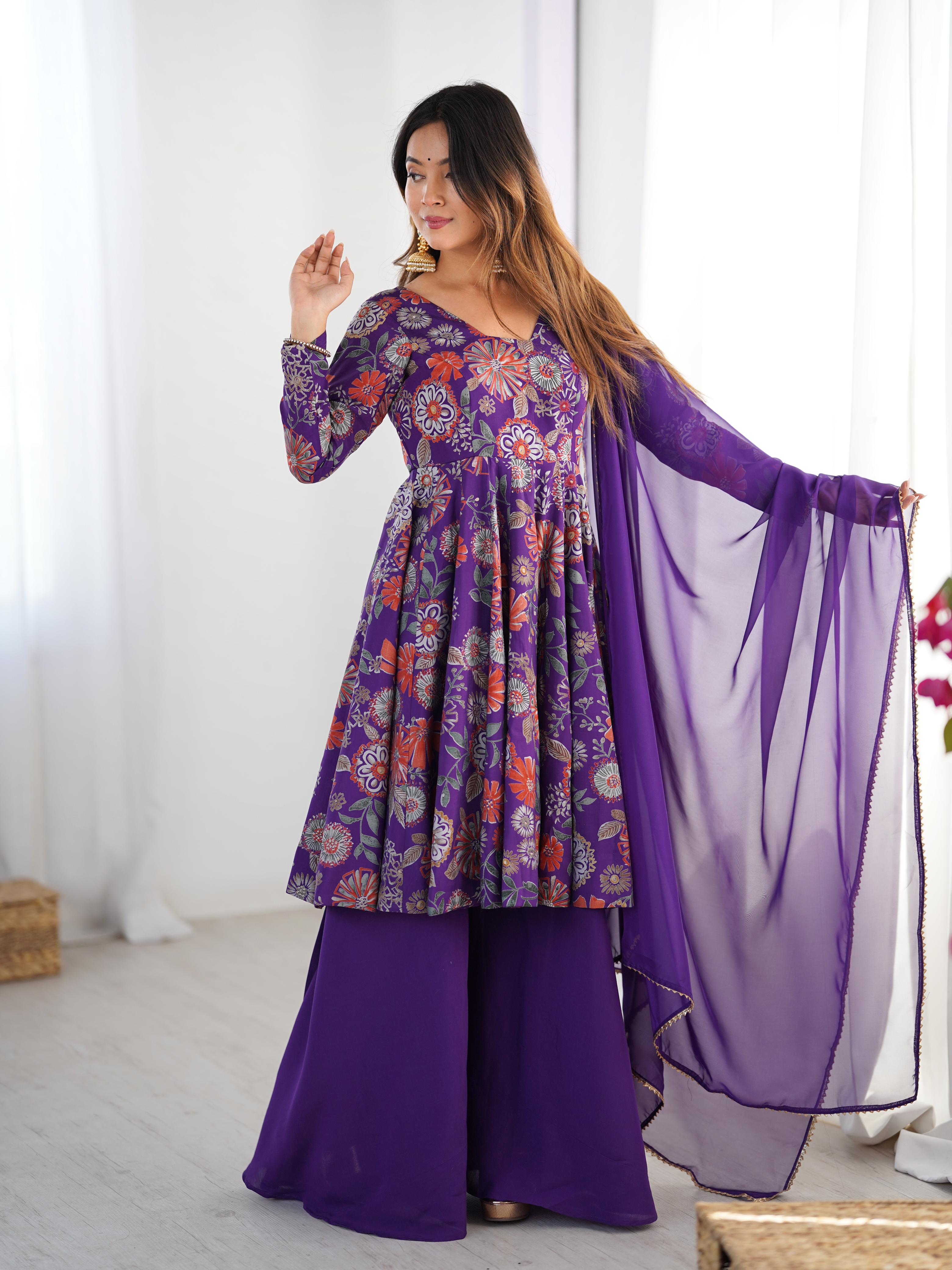 Purple Roman Silk Chanderi Kediya Set with Huge Flair for festive occasions