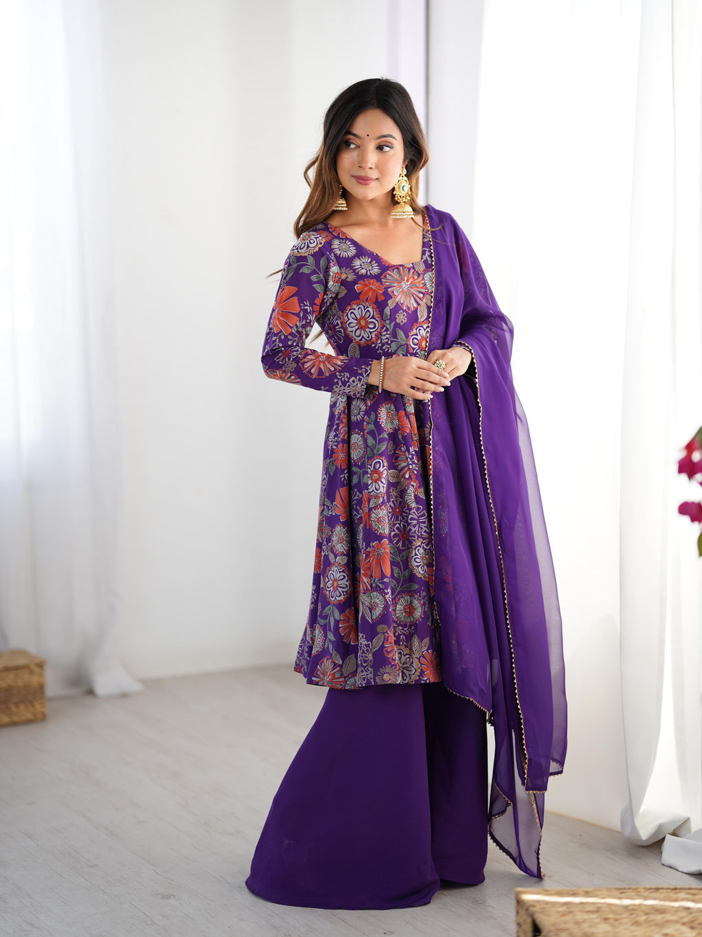 Purple Roman Silk Chanderi Kediya Set with Huge Flair for festive occasions