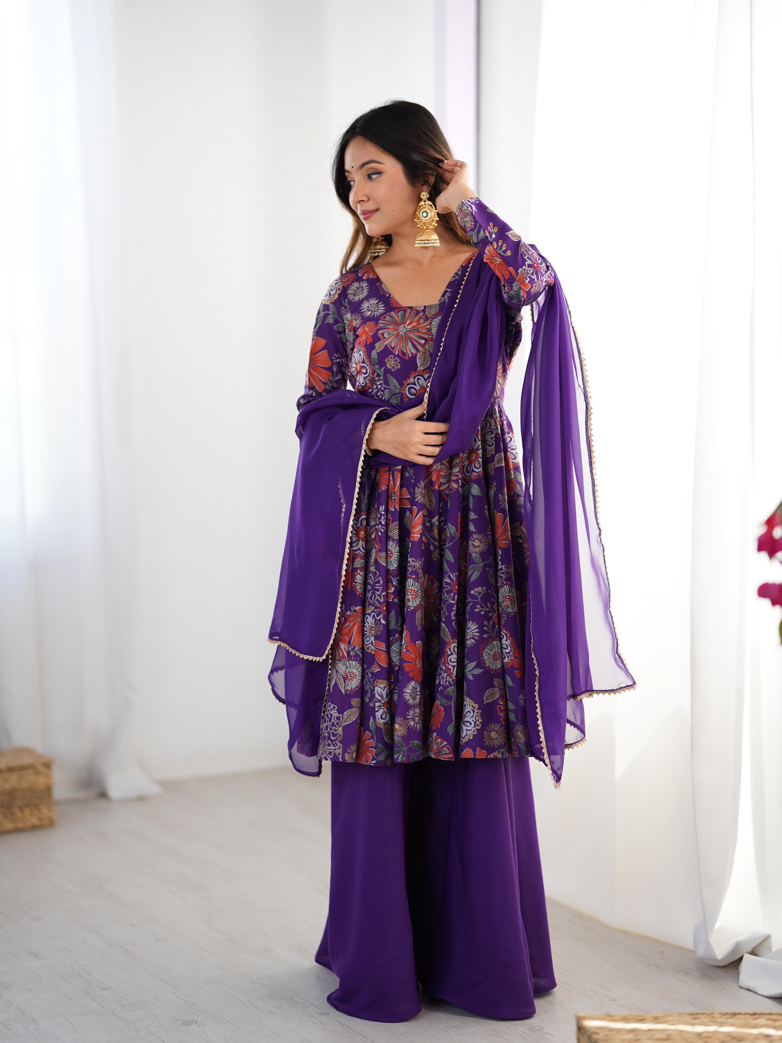 Purple Roman Silk Chanderi Kediya Set with Huge Flair for festive occasions