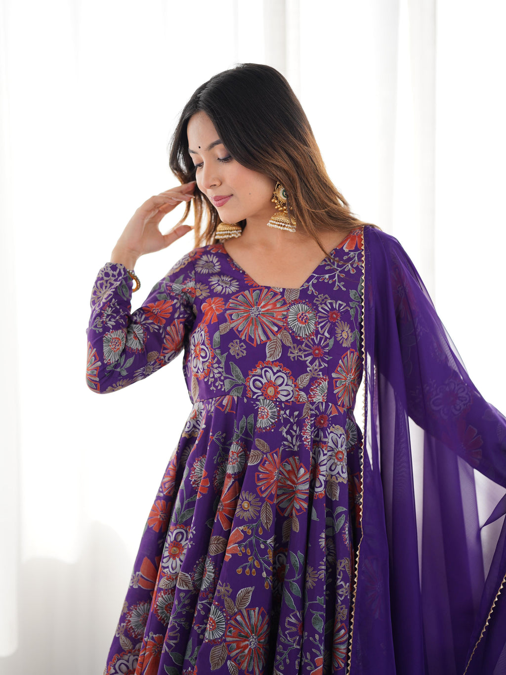 Purple Roman Silk Chanderi Kediya Set with Huge Flair for festive occasions