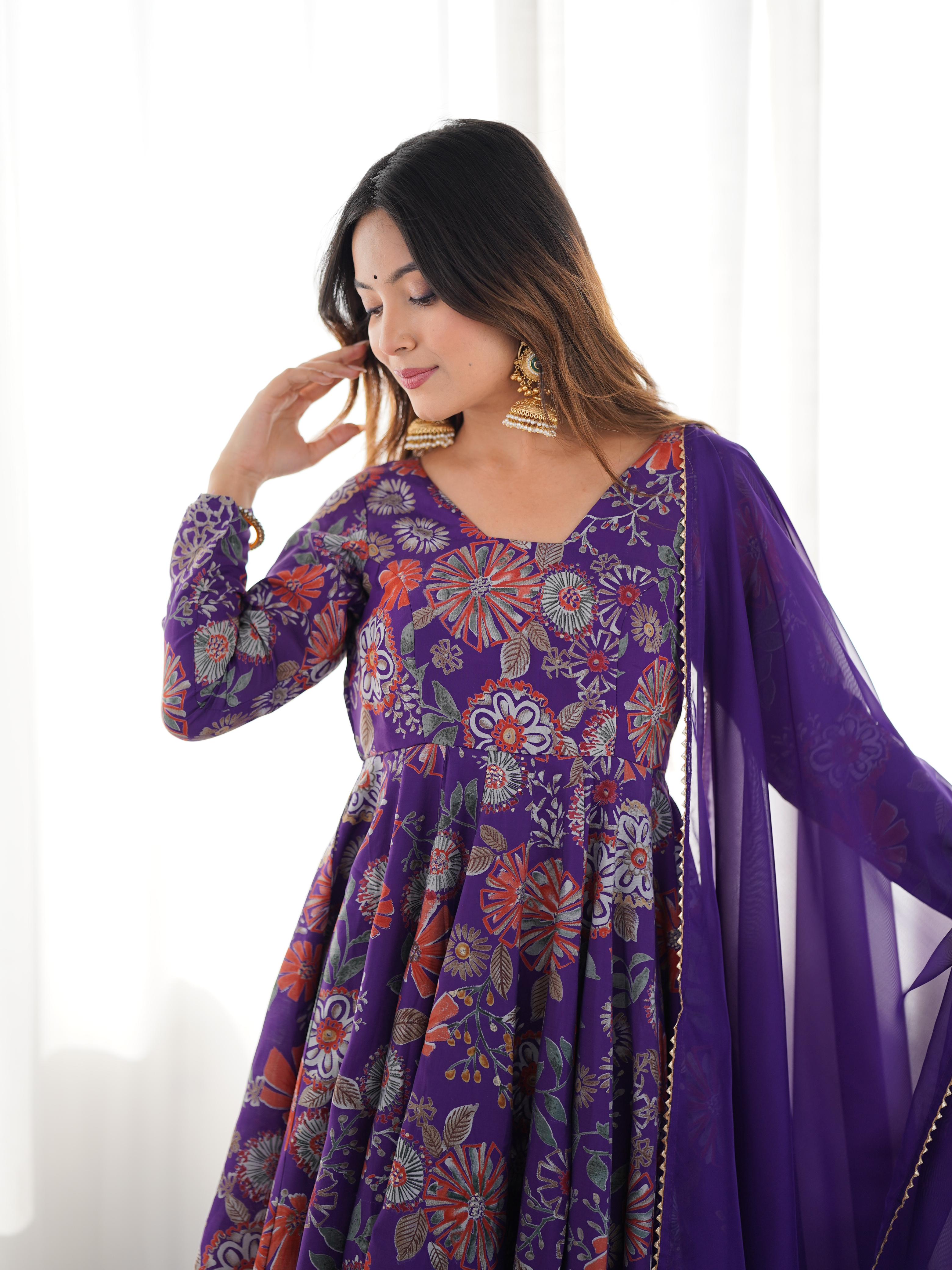 Purple Roman Silk Chanderi Kediya Set with Huge Flair for festive occasions