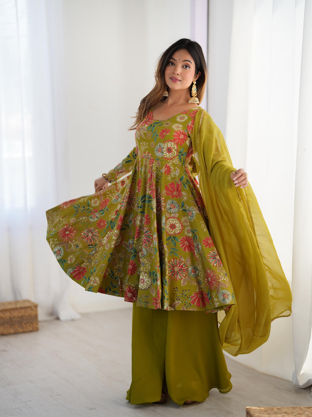 Mehendi Roman Silk Chanderi Kediya Set with Huge Flair for festive occasions