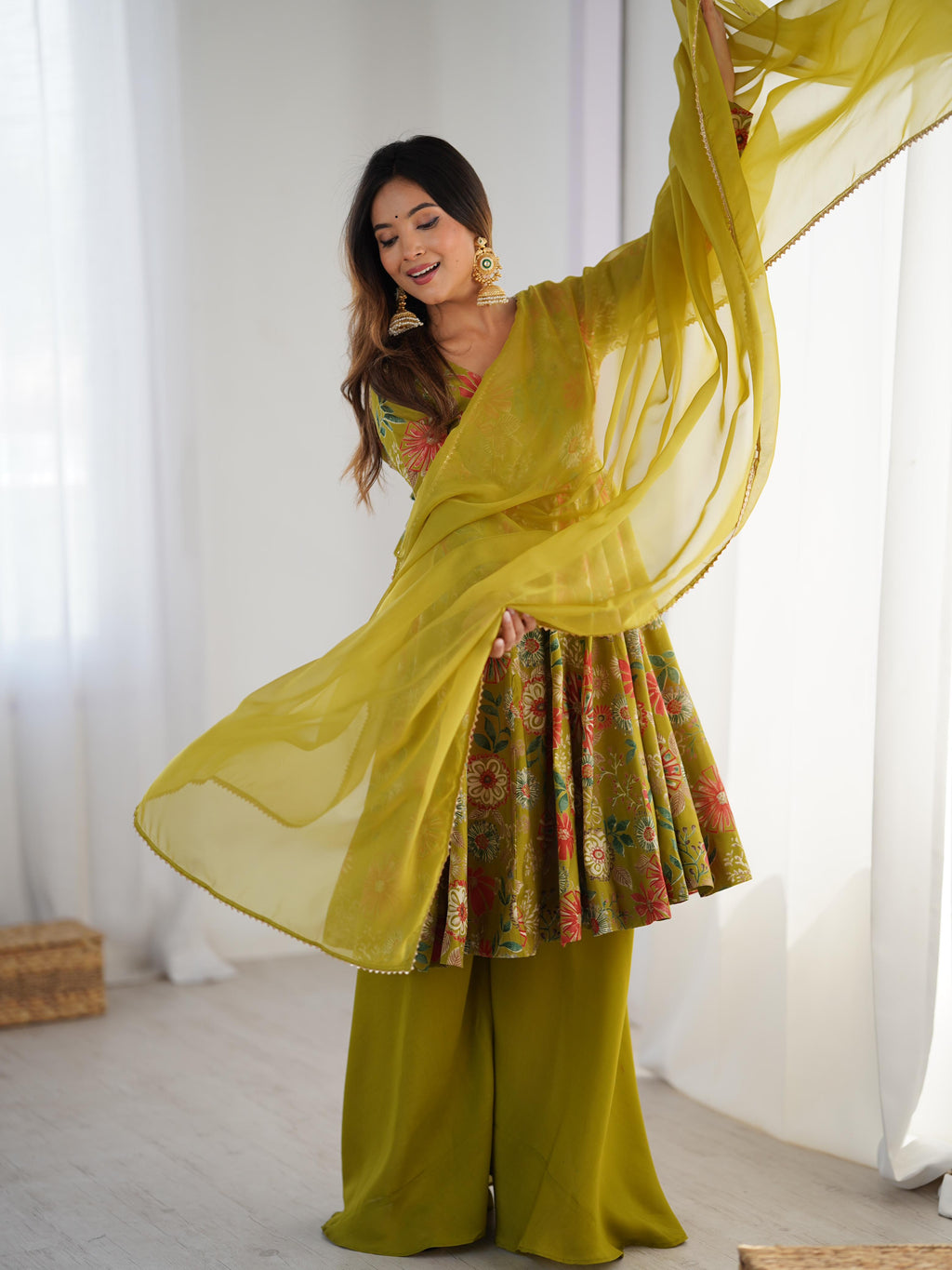 Mehendi Roman Silk Chanderi Kediya Set with Huge Flair for festive occasions