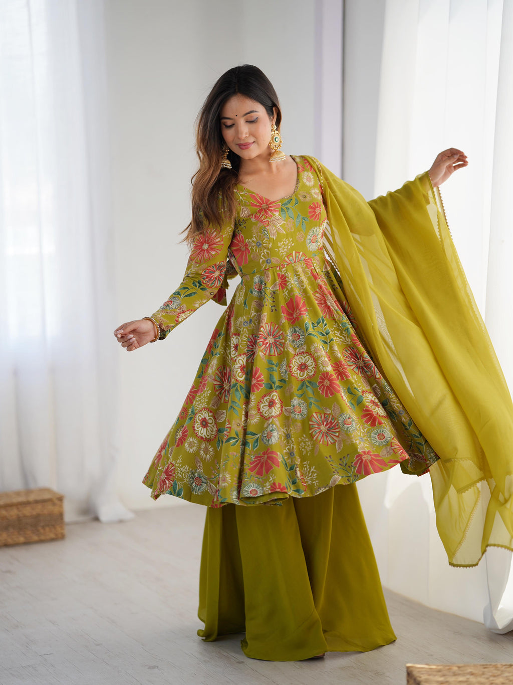 Mehendi Roman Silk Chanderi Kediya Set with Huge Flair for festive occasions