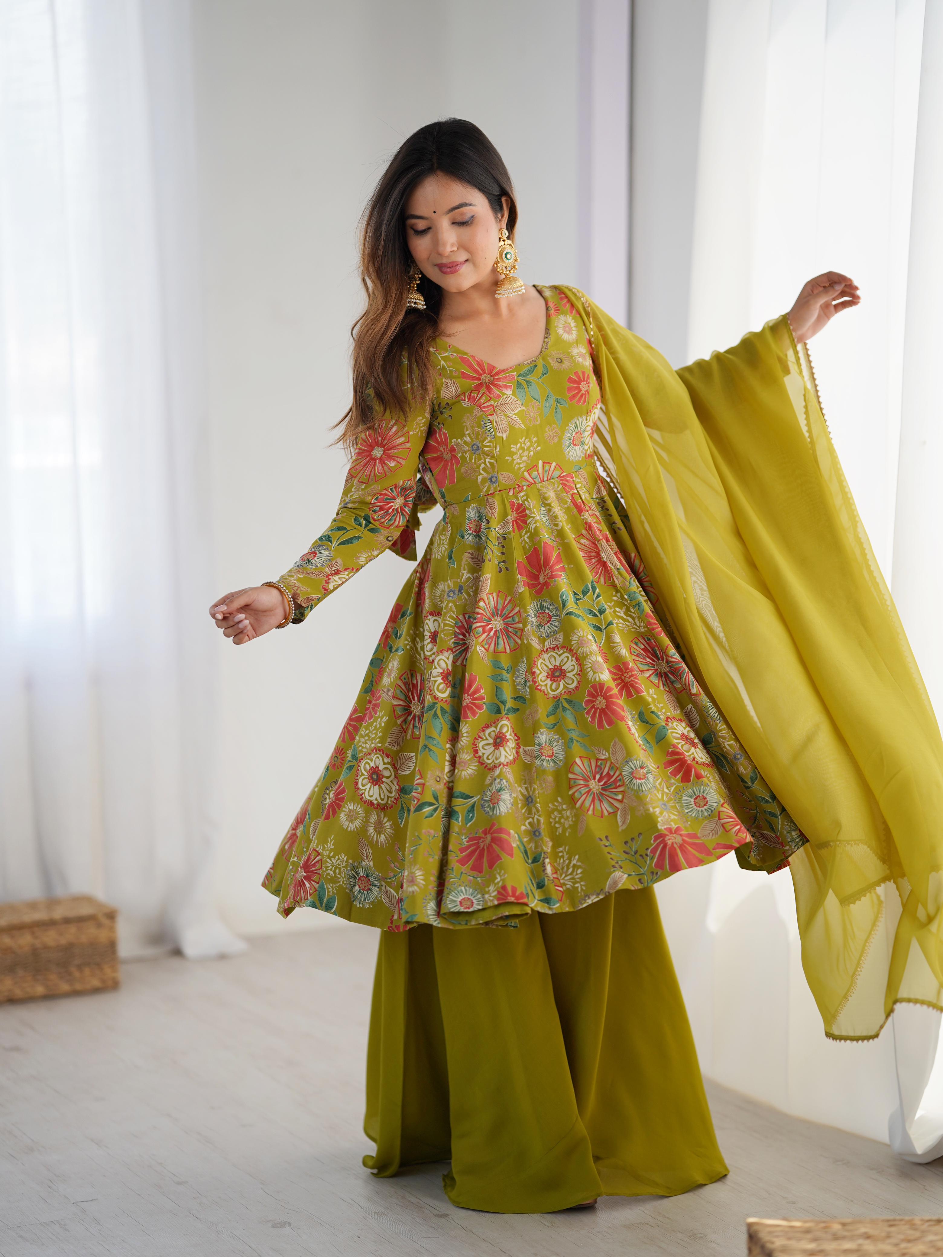 Mehendi Roman Silk Chanderi Kediya Set with Huge Flair for festive occasions