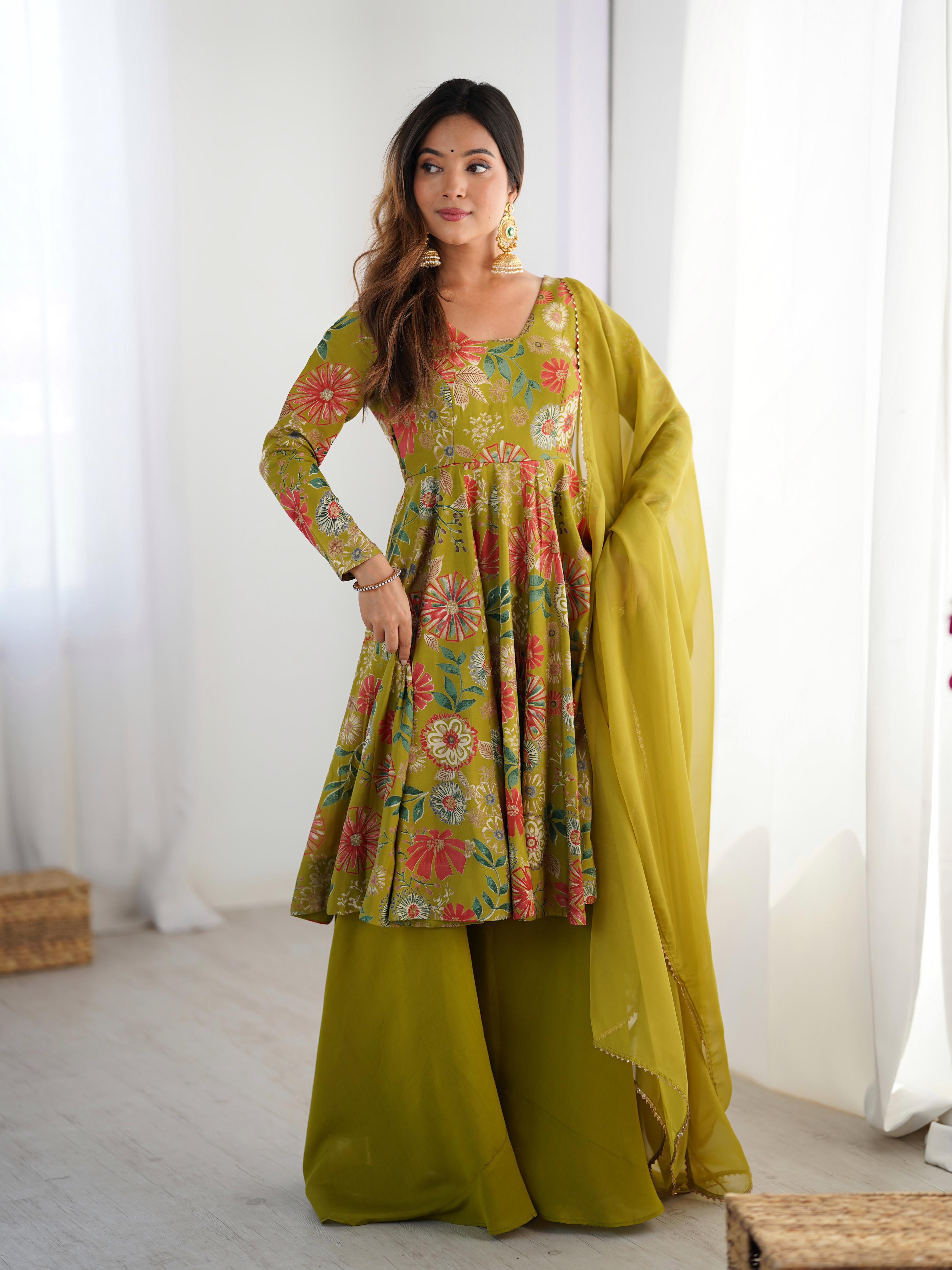 Mehendi Roman Silk Chanderi Kediya Set with Huge Flair for festive occasions