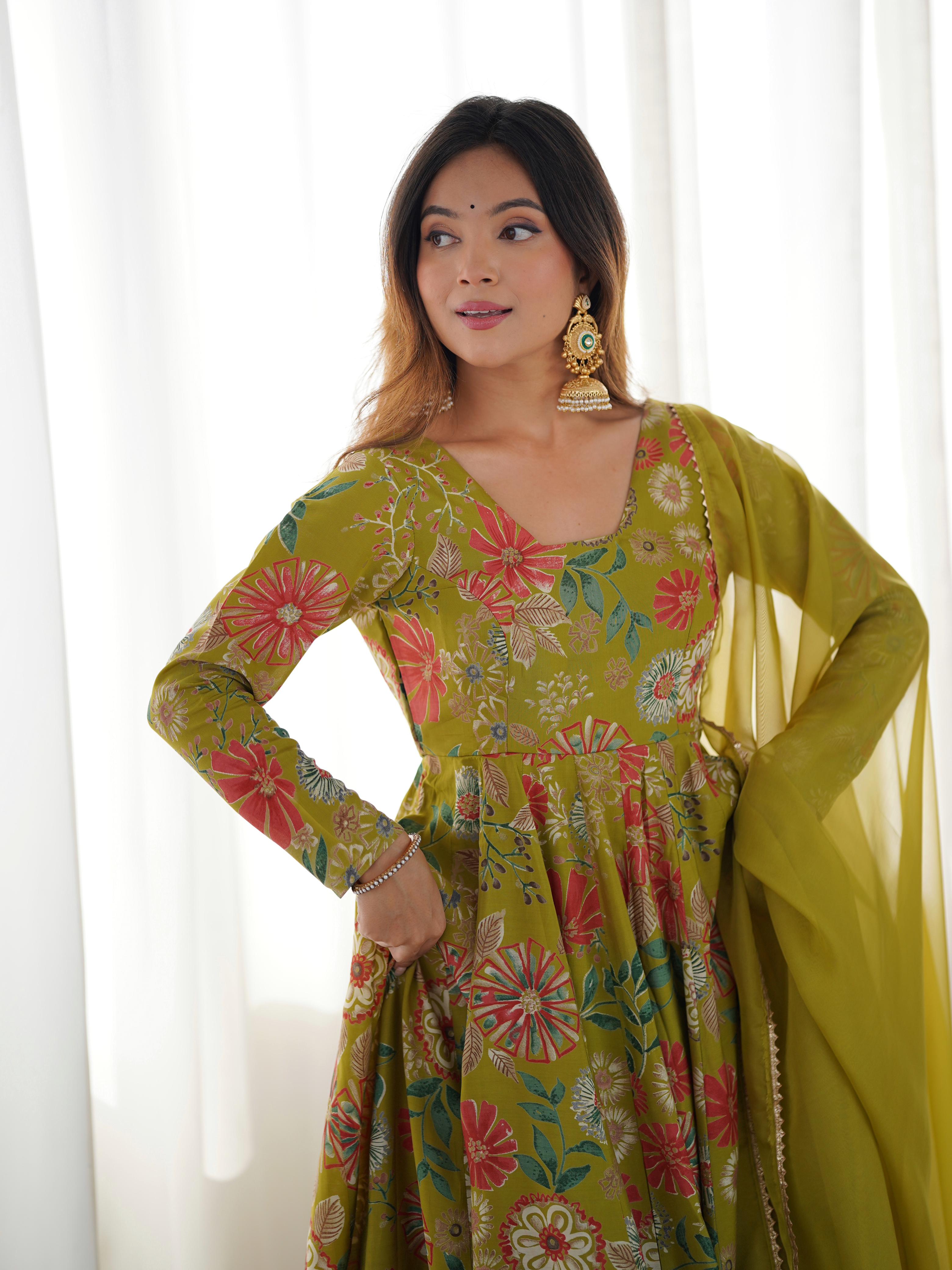 Mehendi Roman Silk Chanderi Kediya Set with Huge Flair for festive occasions