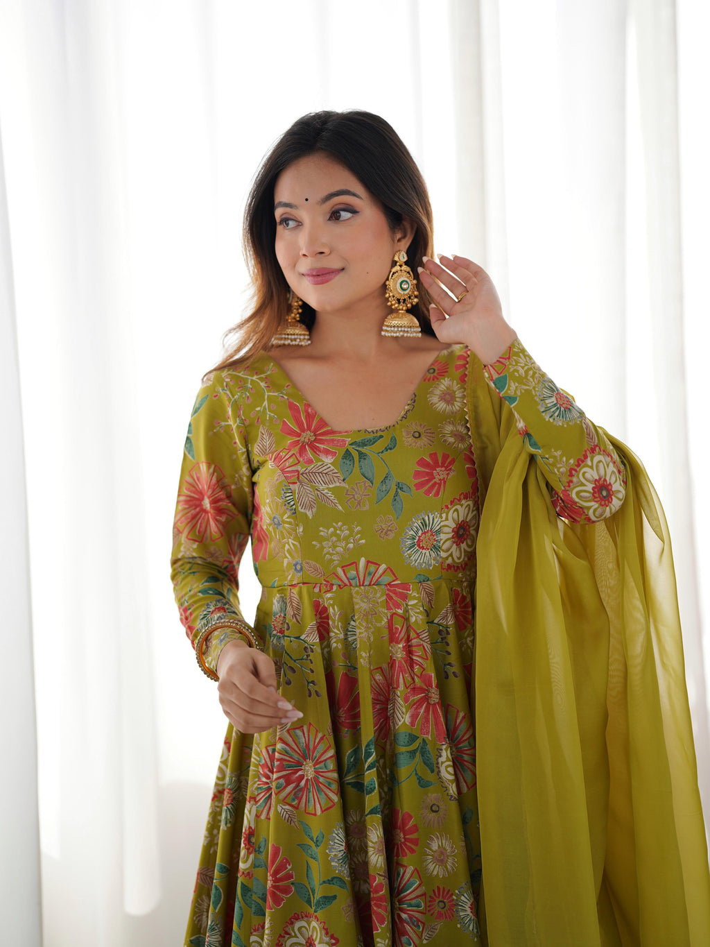 Mehendi Roman Silk Chanderi Kediya Set with Huge Flair for festive occasions
