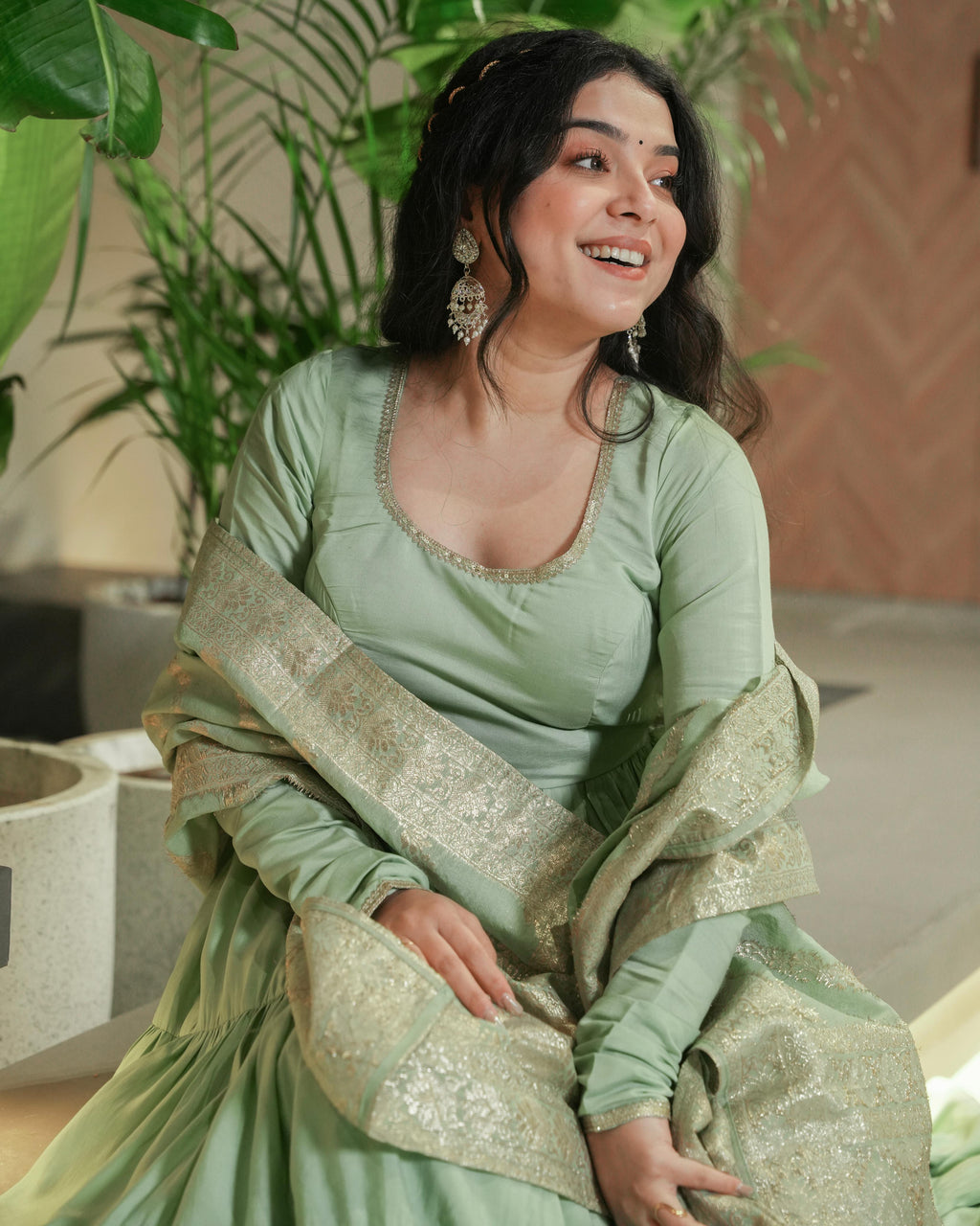 Green Roman Silk Chanderi Anarkali Suit Set with Flair for Festive Wear