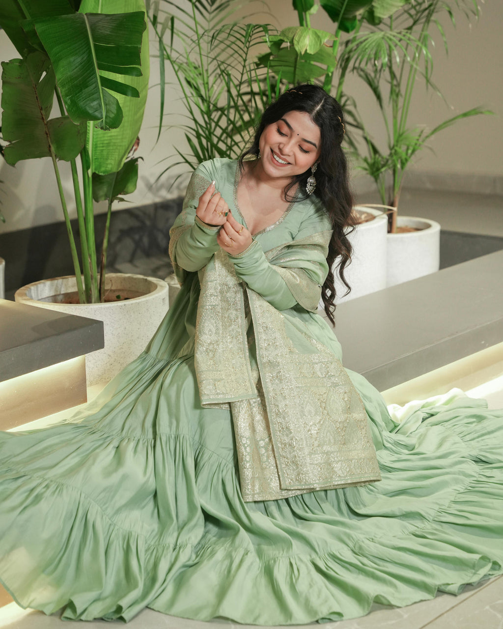 Green Roman Silk Chanderi Anarkali Suit Set with Flair for Festive Wear