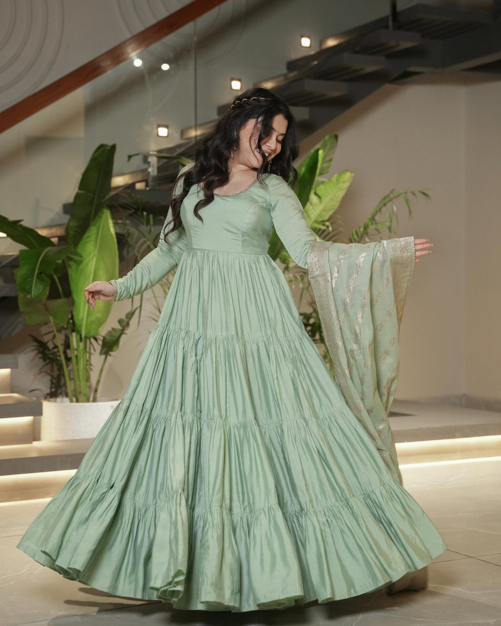 Green Roman Silk Chanderi Anarkali Suit Set with Flair for Festive Wear