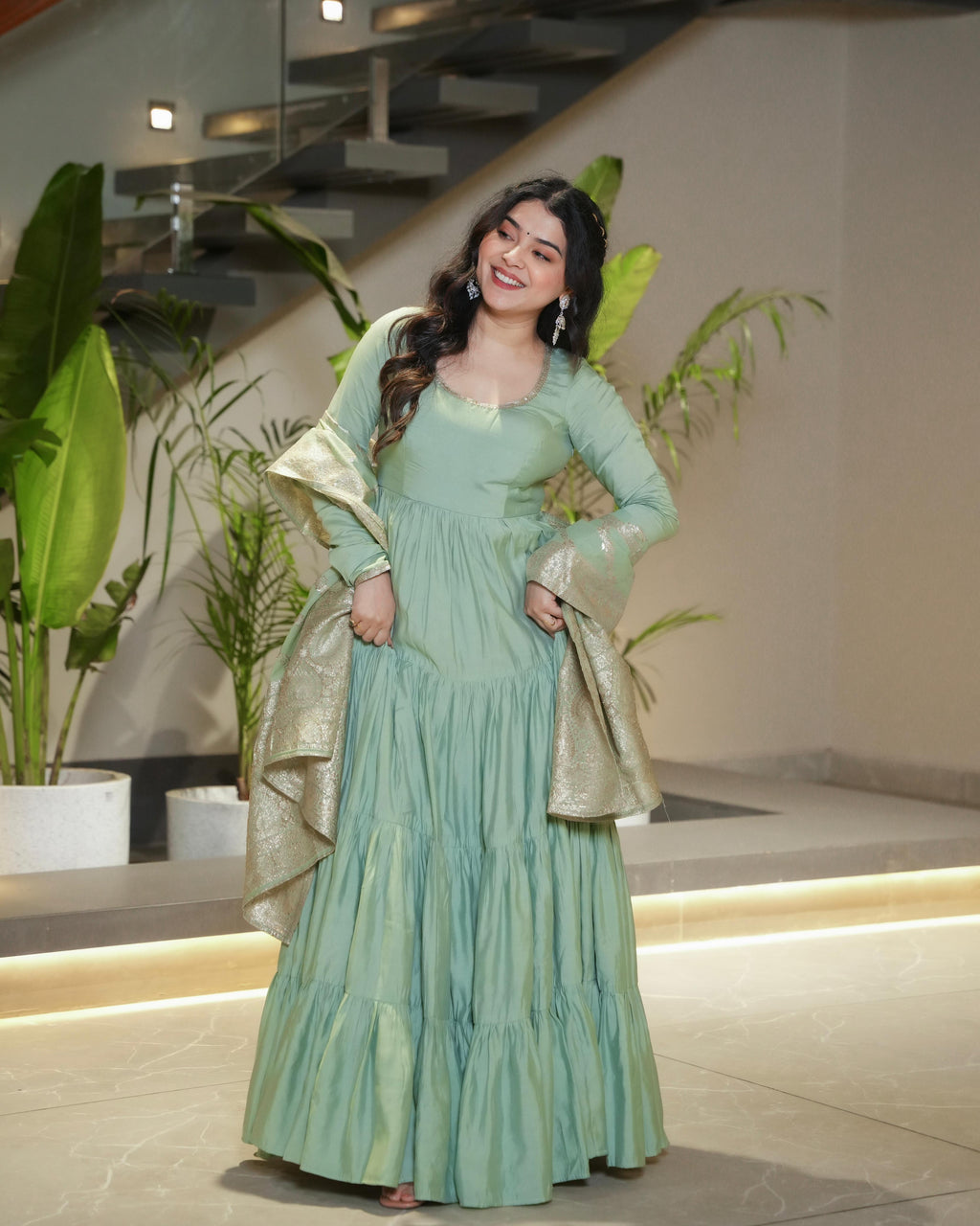 Green Roman Silk Chanderi Anarkali Suit Set with Flair for Festive Wear