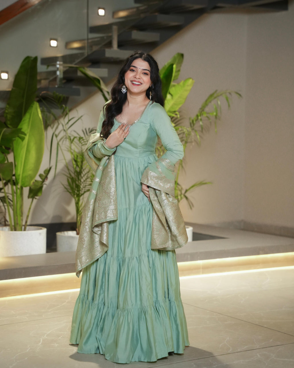 Green Roman Silk Chanderi Anarkali Suit Set with Flair for Festive Wear