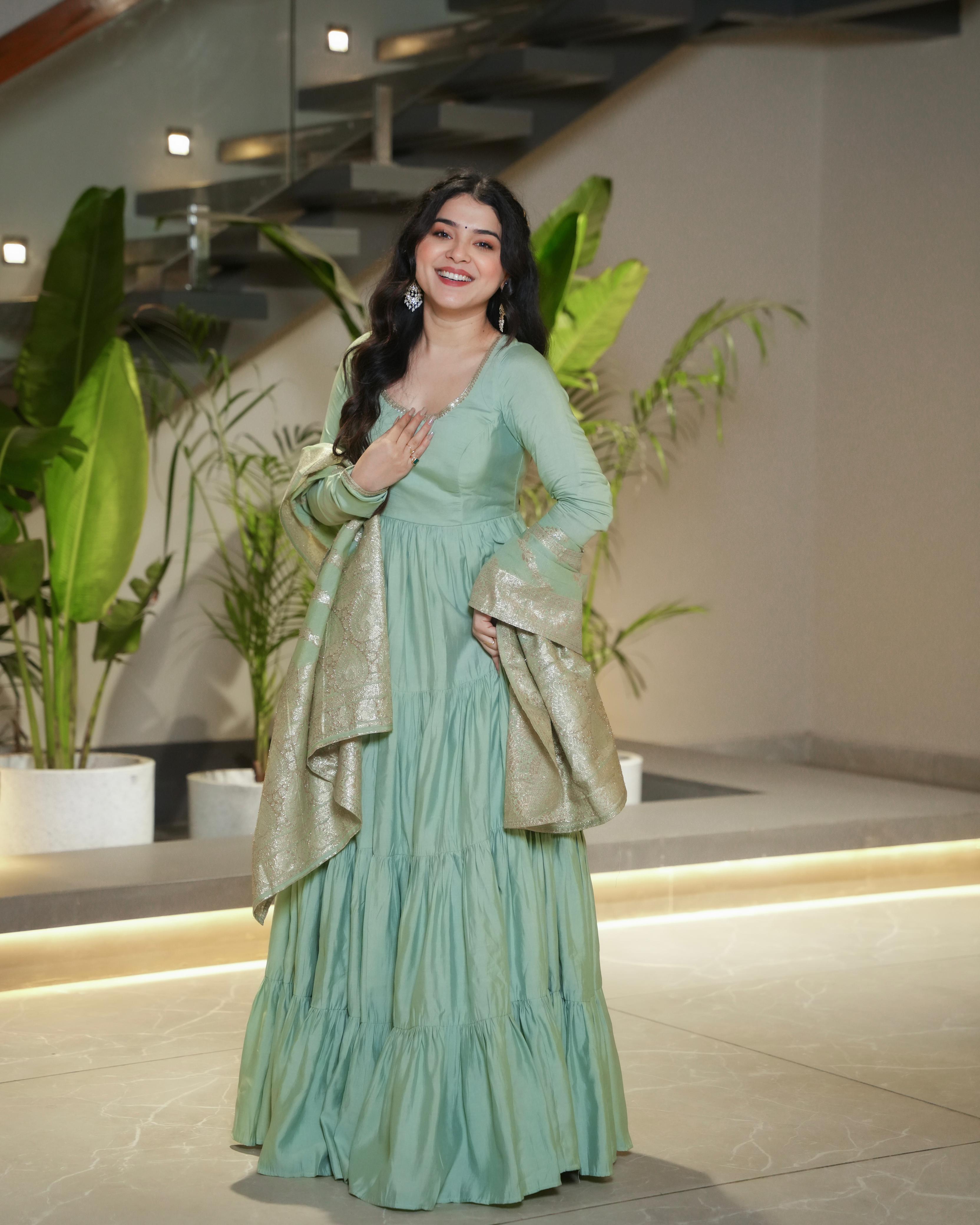 Green Roman Silk Chanderi Anarkali Suit Set with Flair for Festive Wear