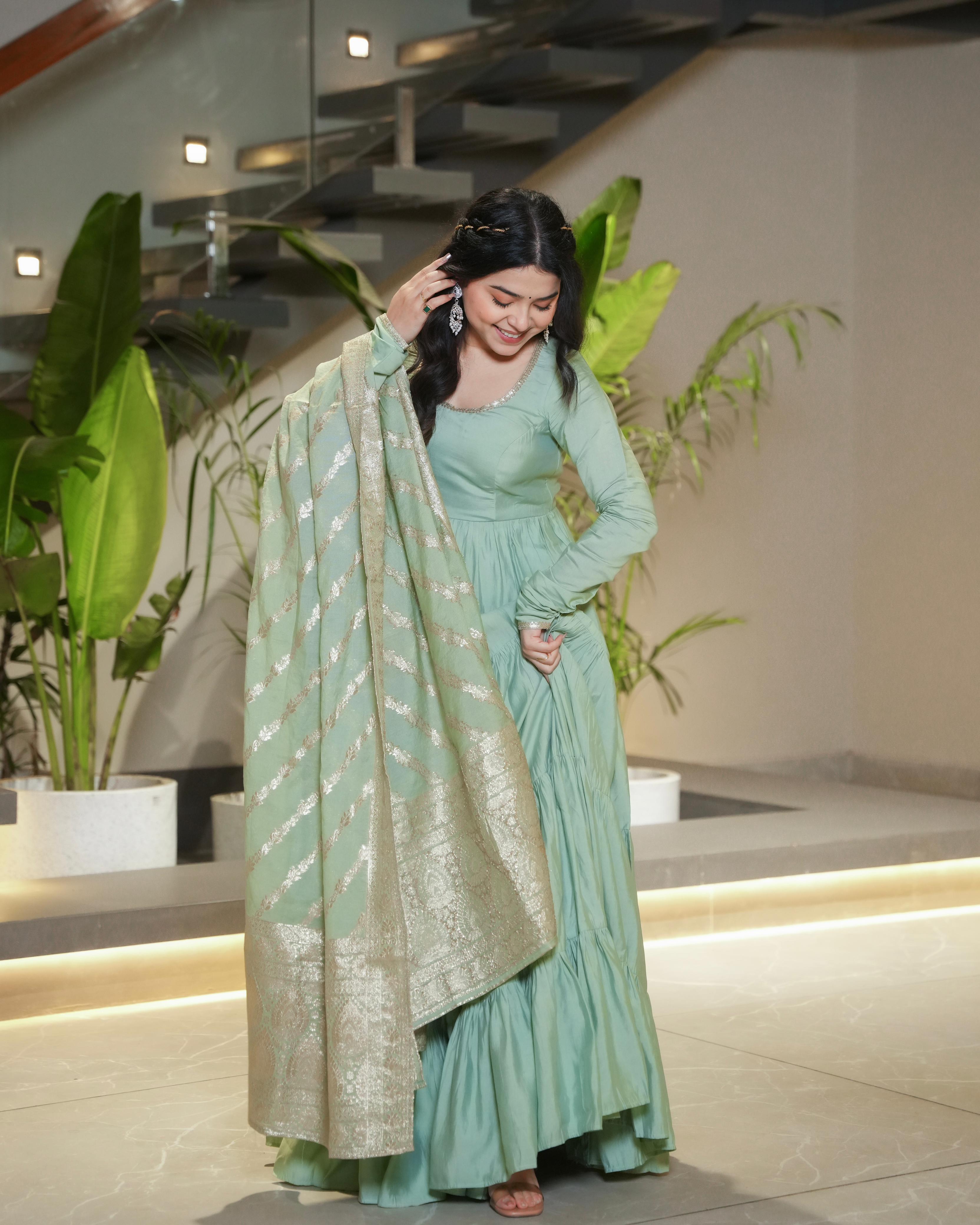 Green Roman Silk Chanderi Anarkali Suit Set with Flair for Festive Wear