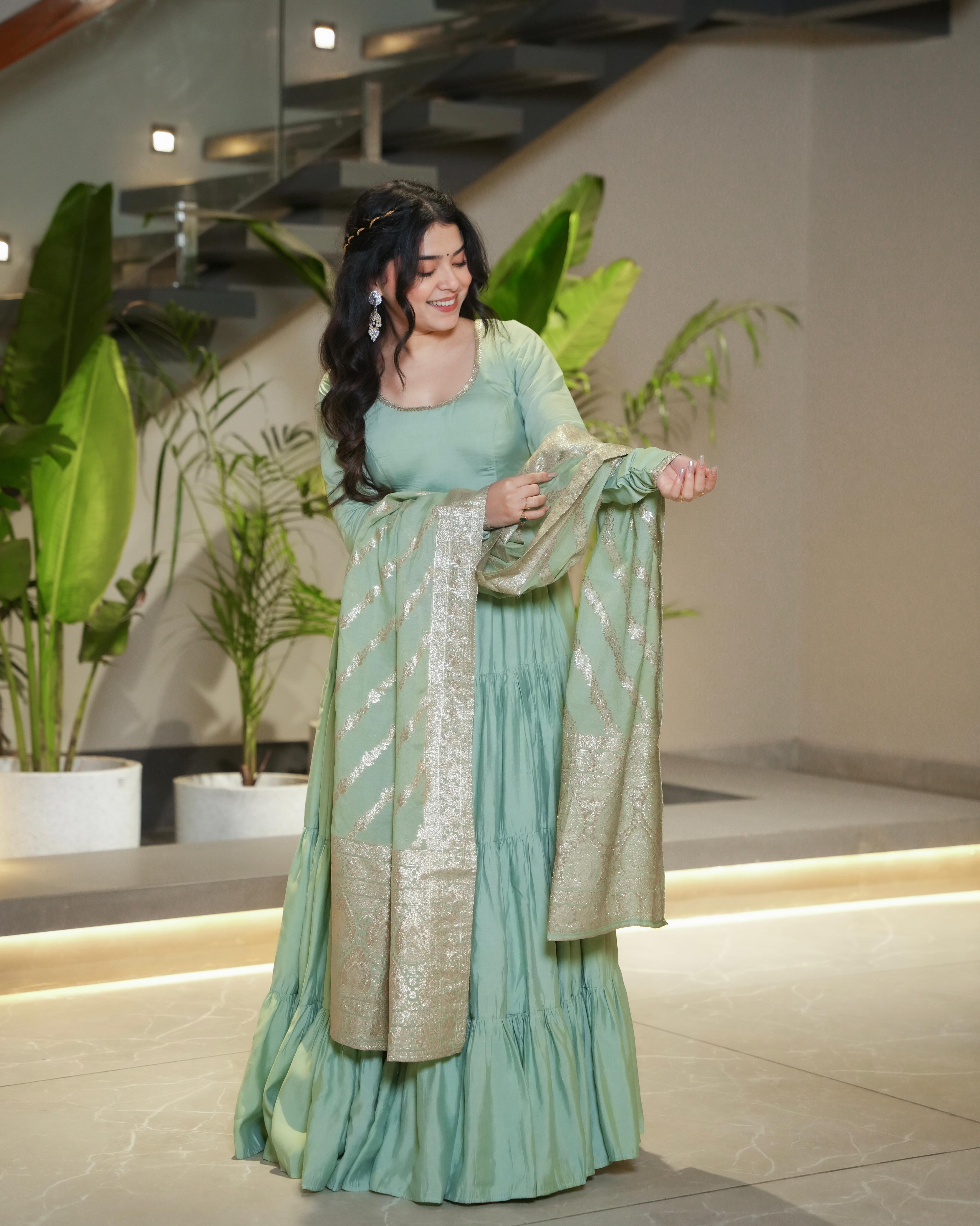 Green Roman Silk Chanderi Anarkali Suit Set with Flair for Festive Wear