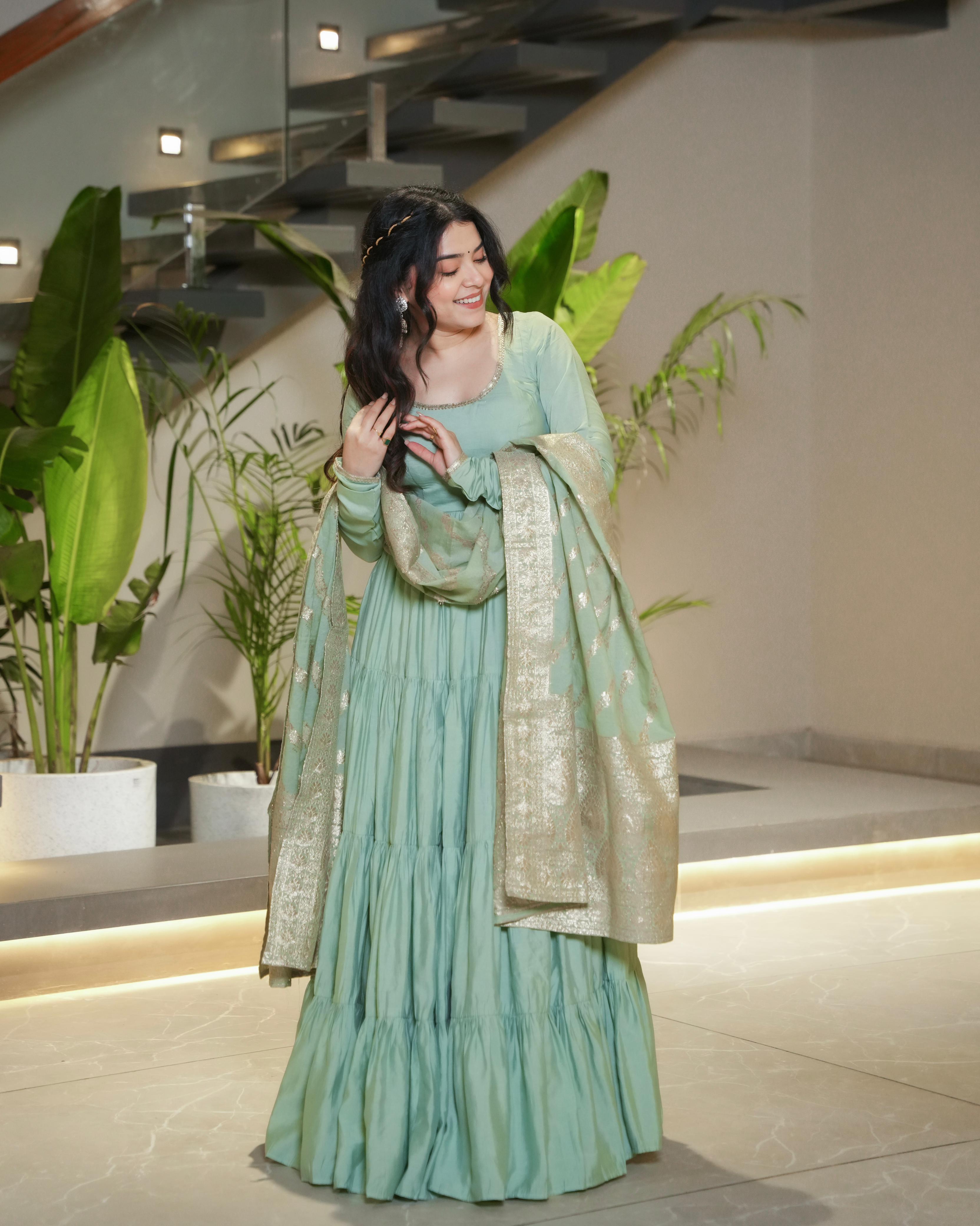 Green Roman Silk Chanderi Anarkali Suit Set with Flair for Festive Wear