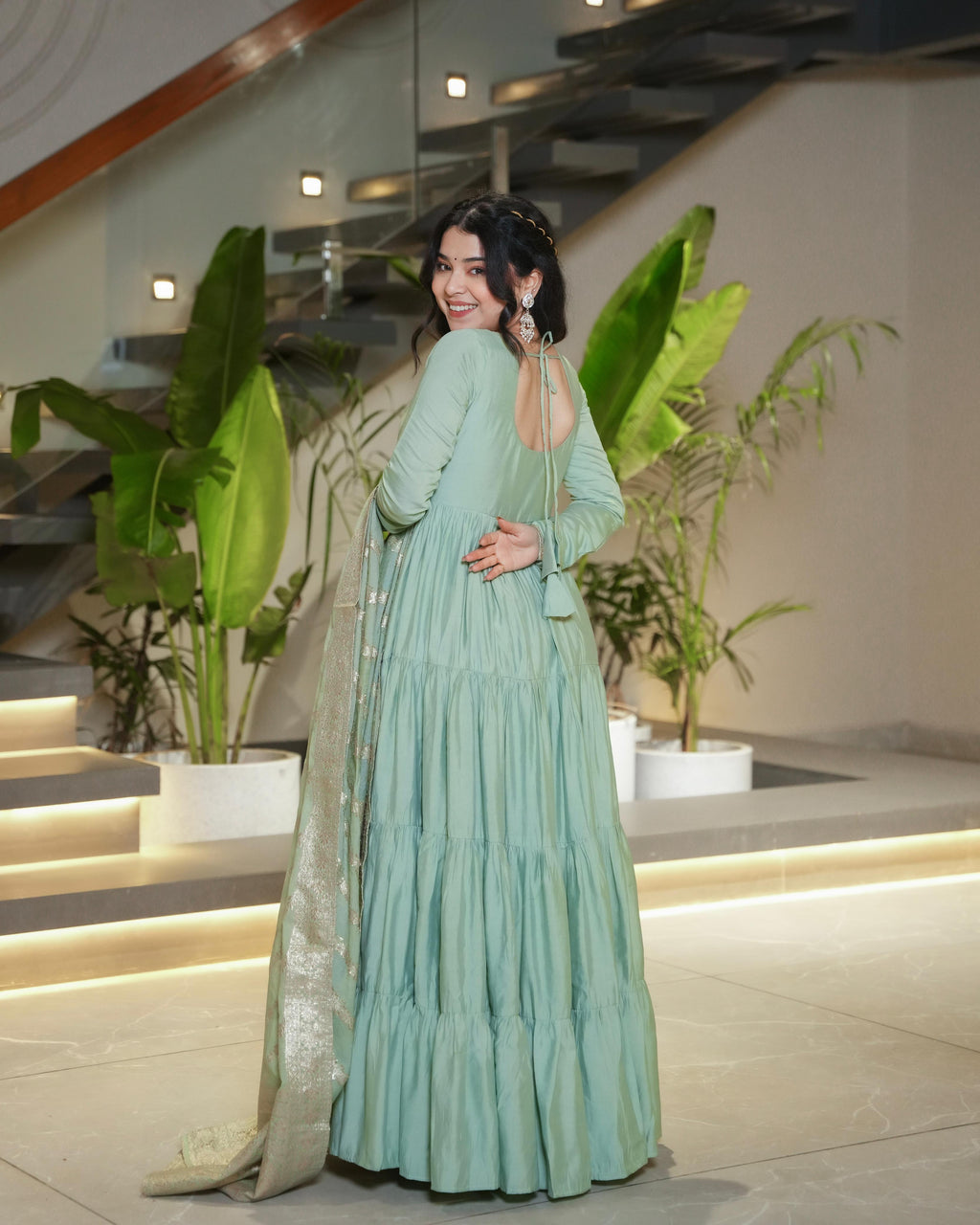 Green Roman Silk Chanderi Anarkali Suit Set with Flair for Festive Wear