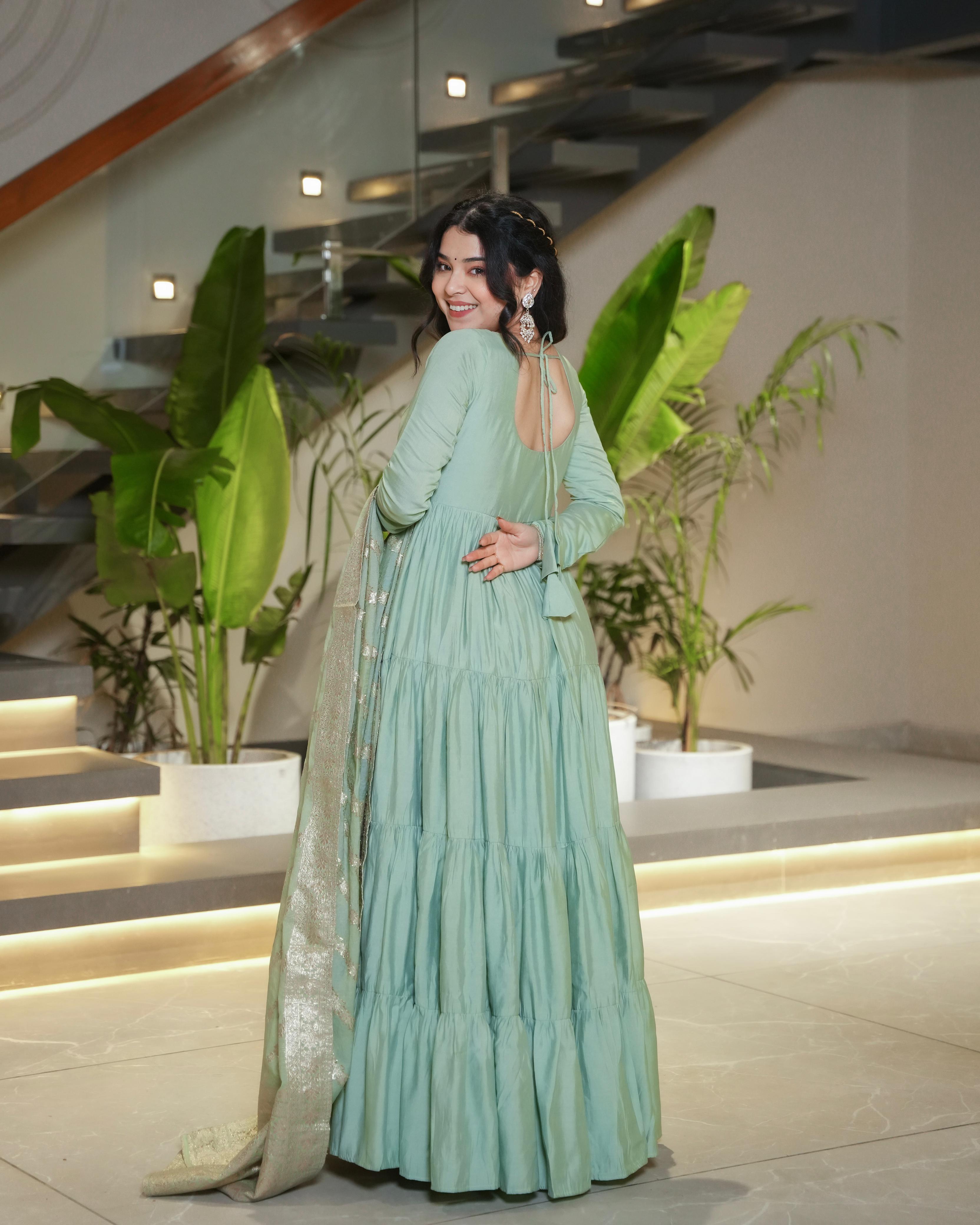 Green Roman Silk Chanderi Anarkali Suit Set with Flair for Festive Wear